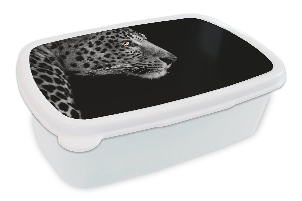 MuchoWow Lunchbox Leopard - Schwarz - Weiß - Pelz, Kunststoff, (2-tlg), Brotbox für Kinder und Erwachsene, Brotdose, für Jungs und Mädchen