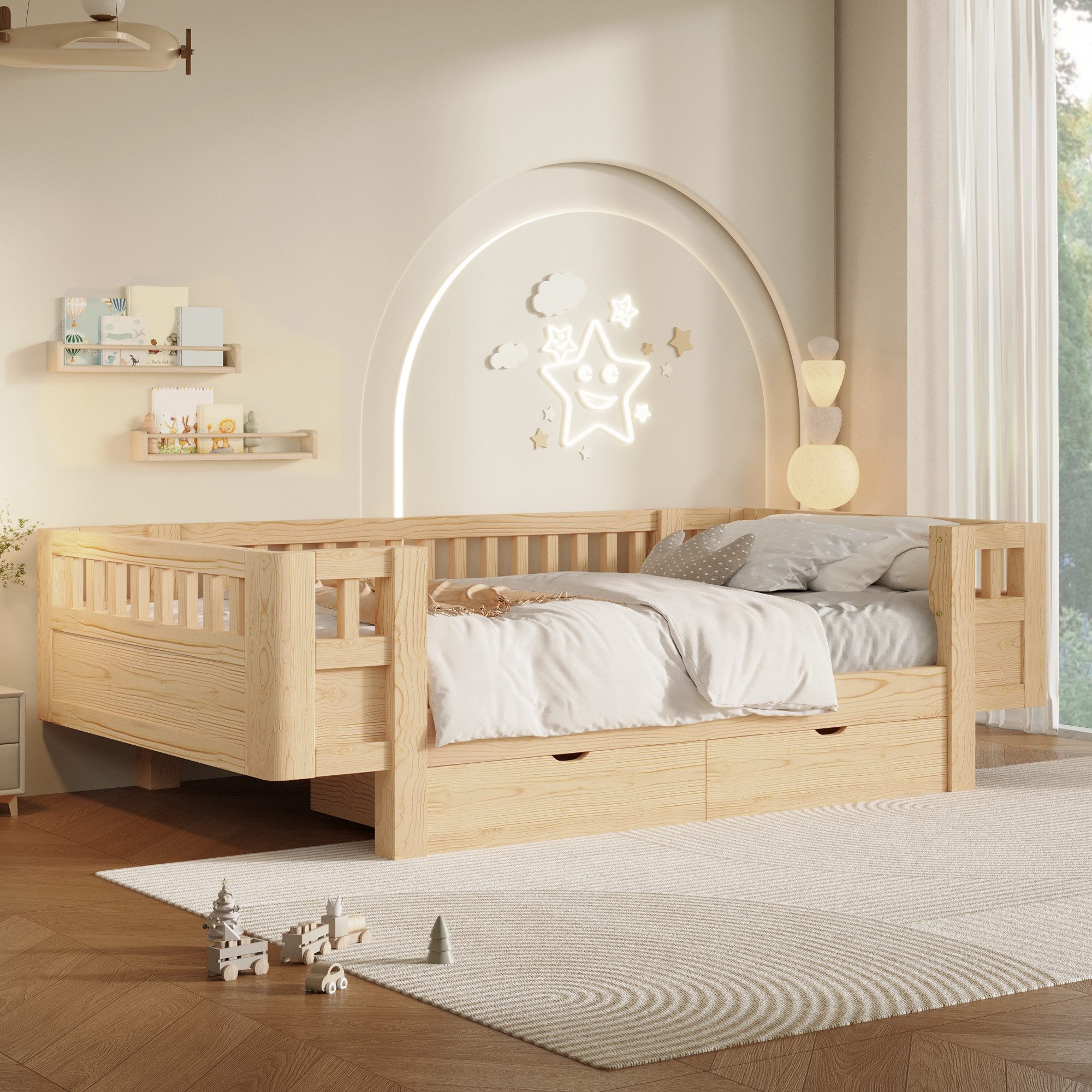 STILVORA Stauraumbett 90×200 mit Matratze&Stauraum Plattformbett Funktionbett mit Gitter (Einzelbett, Massivholz, 2 Schubladen, Schutzgitter, hohe Absturzsicherung, 2 Auszüge, stabil), Für Kinderzimmer, Jugendzimmer, Gästezimmer