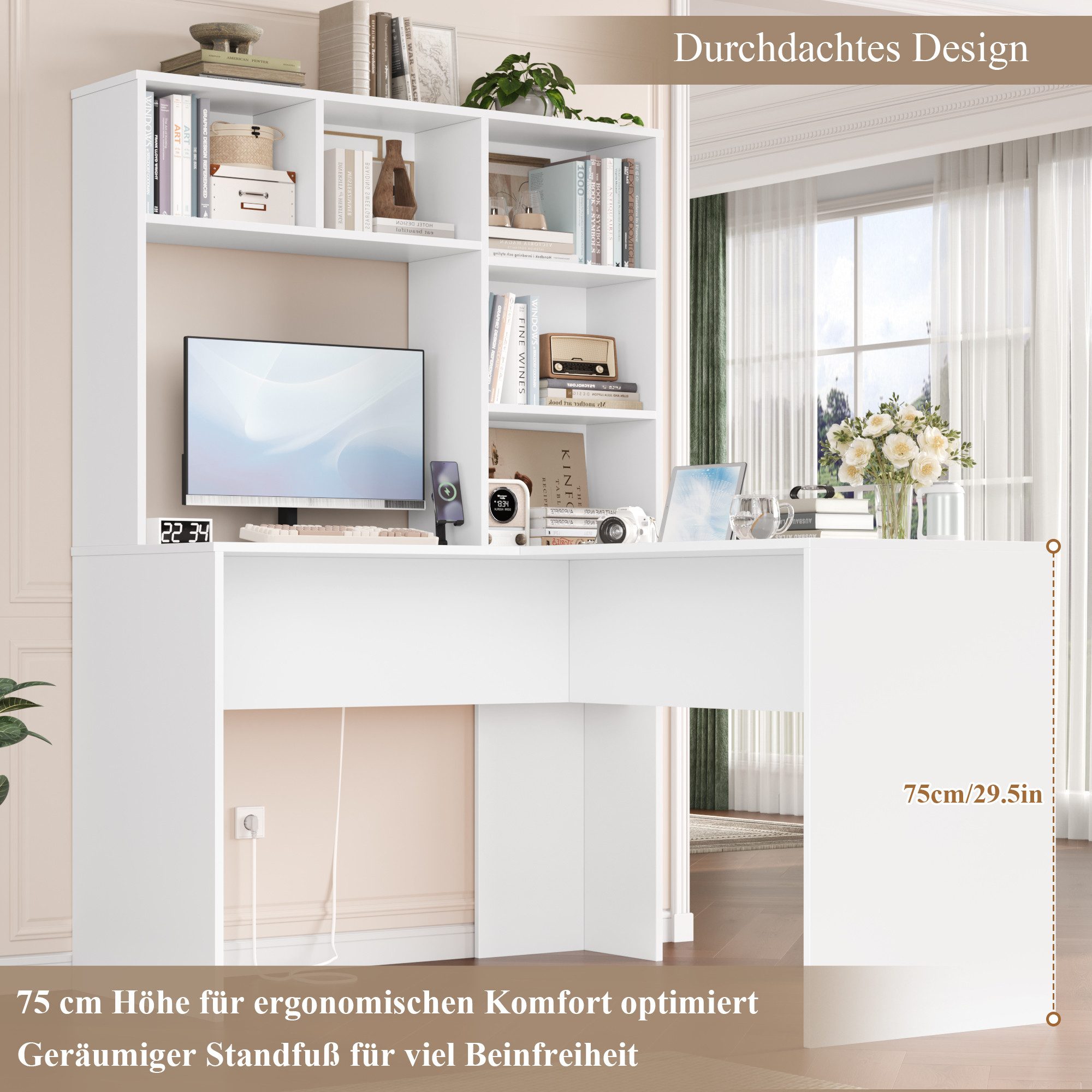 Homfa Schreibtisch mit Steckdose, Eckschreibtisch L-förmig, Computertisch Bürotisch weiß 152cm