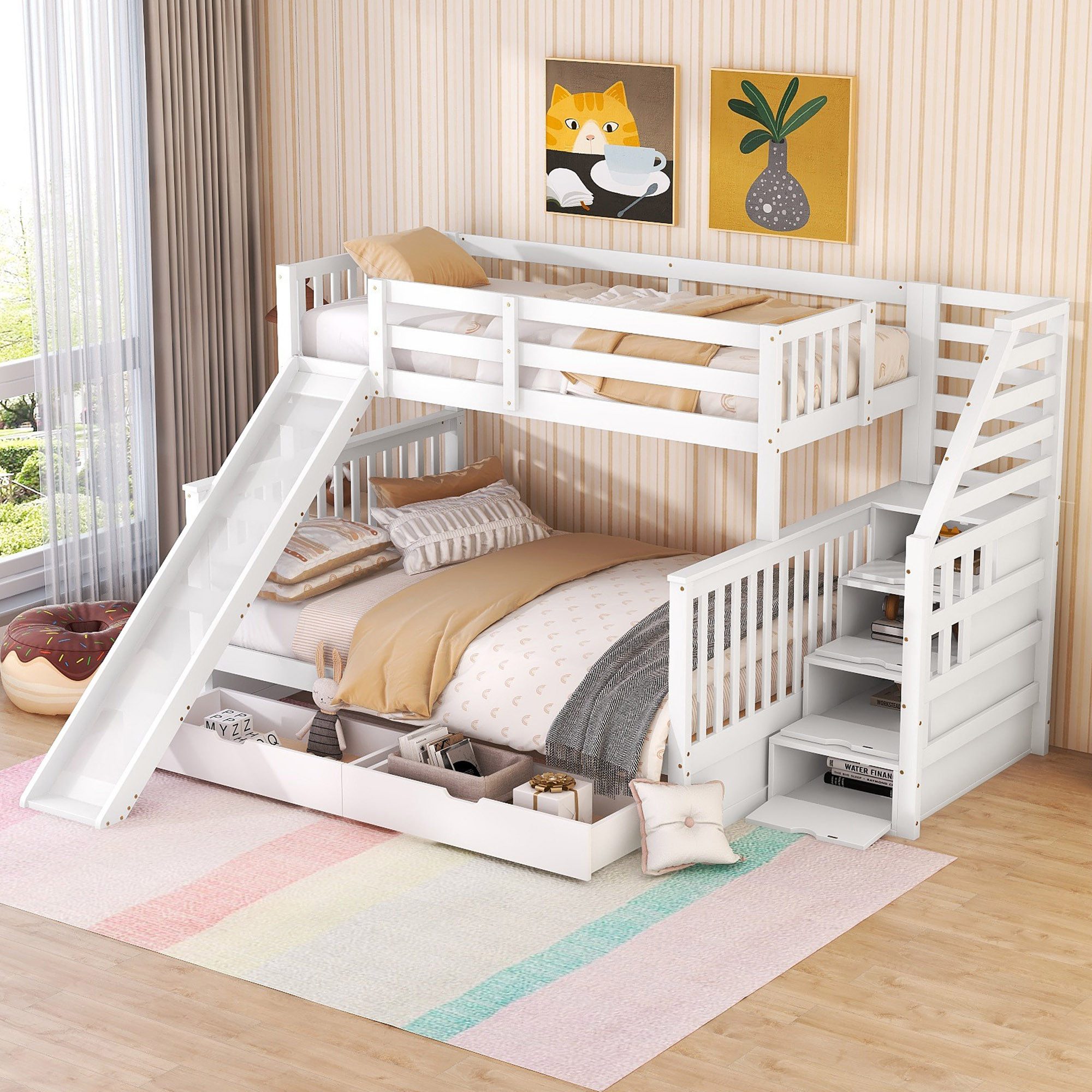 Flieks Etagenbett, Kiefer Kinderbett mit Rutsche & Schubladen 90x200cm+140x günstig online kaufen