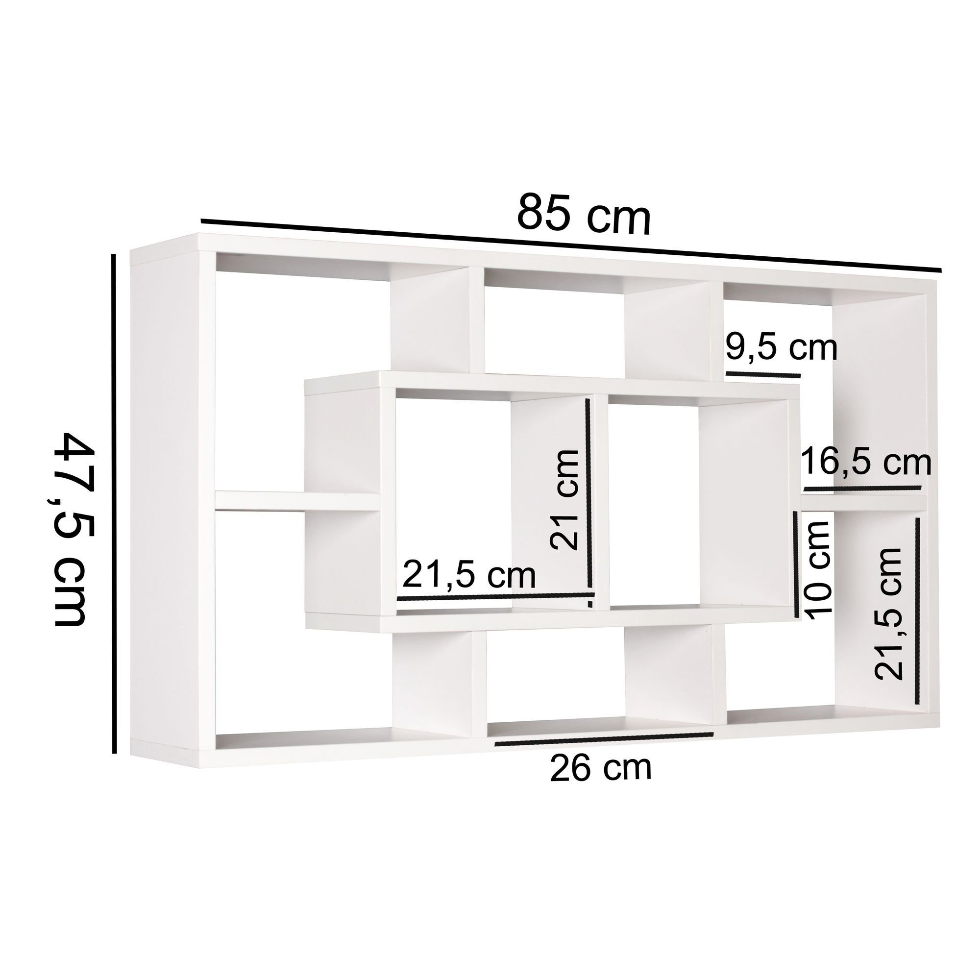 Weiß Modern, Dekoregal Wand 85x47,5x16 Bücherregal Hängeregal Freischwebend WL5.167, cm Wandboard Wohnling MDF-Holz, Wandregal