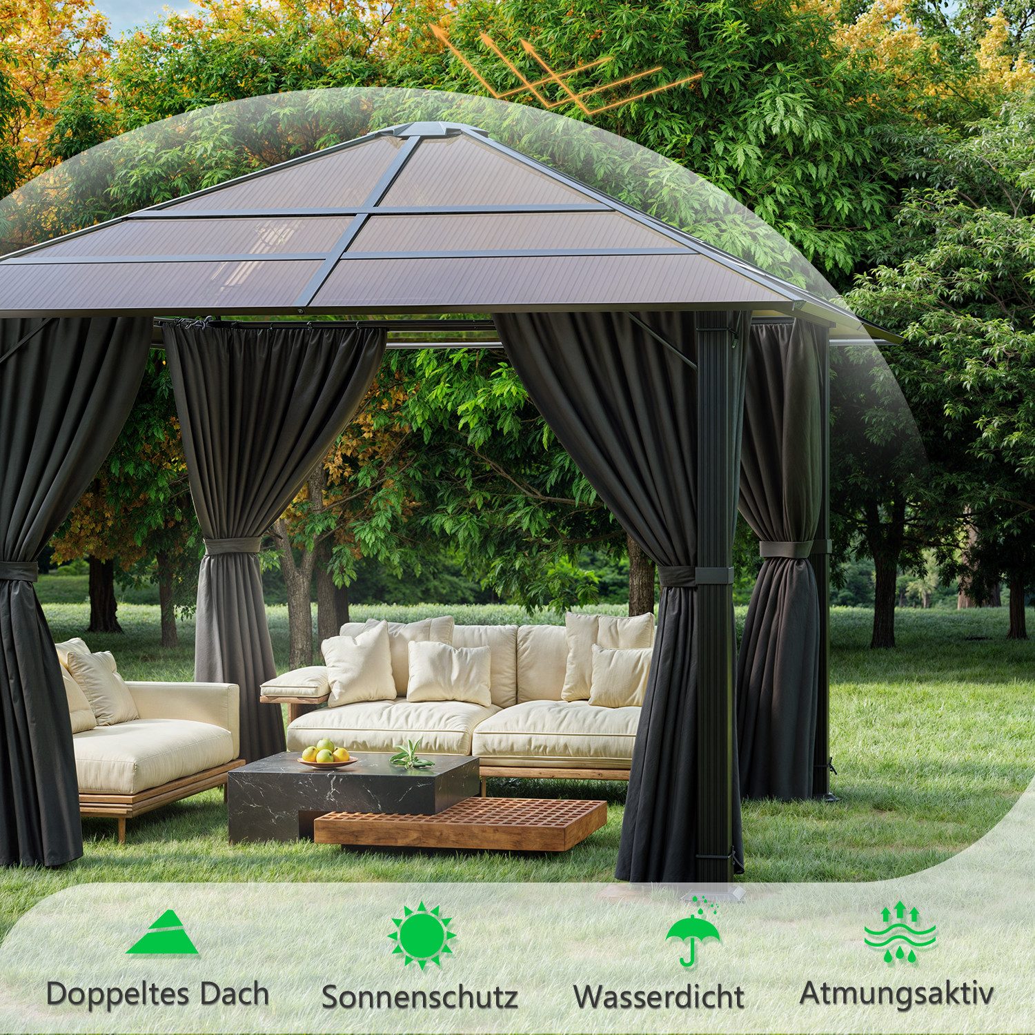 HOMALL Pavillon Winterfest und Wasserdicht, 3*3/3*4m mit LED-Beleuchtung, (UV-Schutz 50+, mit 4 Seitenteilen PA-beschichteten Vorhängen für Windschutz), Gartenpavillon Aluminiumlegierungsrahmen und Polycarbonat-Dach