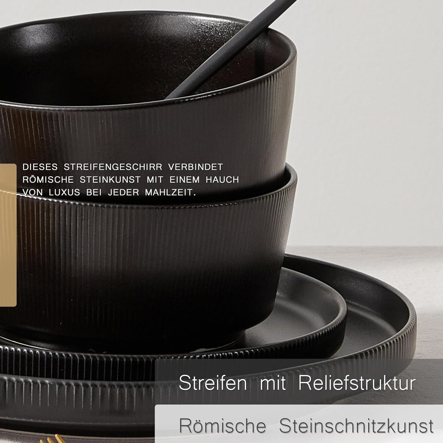 JIWOO Geschirr-Set 12tlg Kombiservice Teller-Set Tafelservice Schüssel-Set Speiseteller (12-tlg), 4 Personen, Keramik, Hochwertiges Geschirr set Schwarz Mikrowellen spülmaschinenfest
