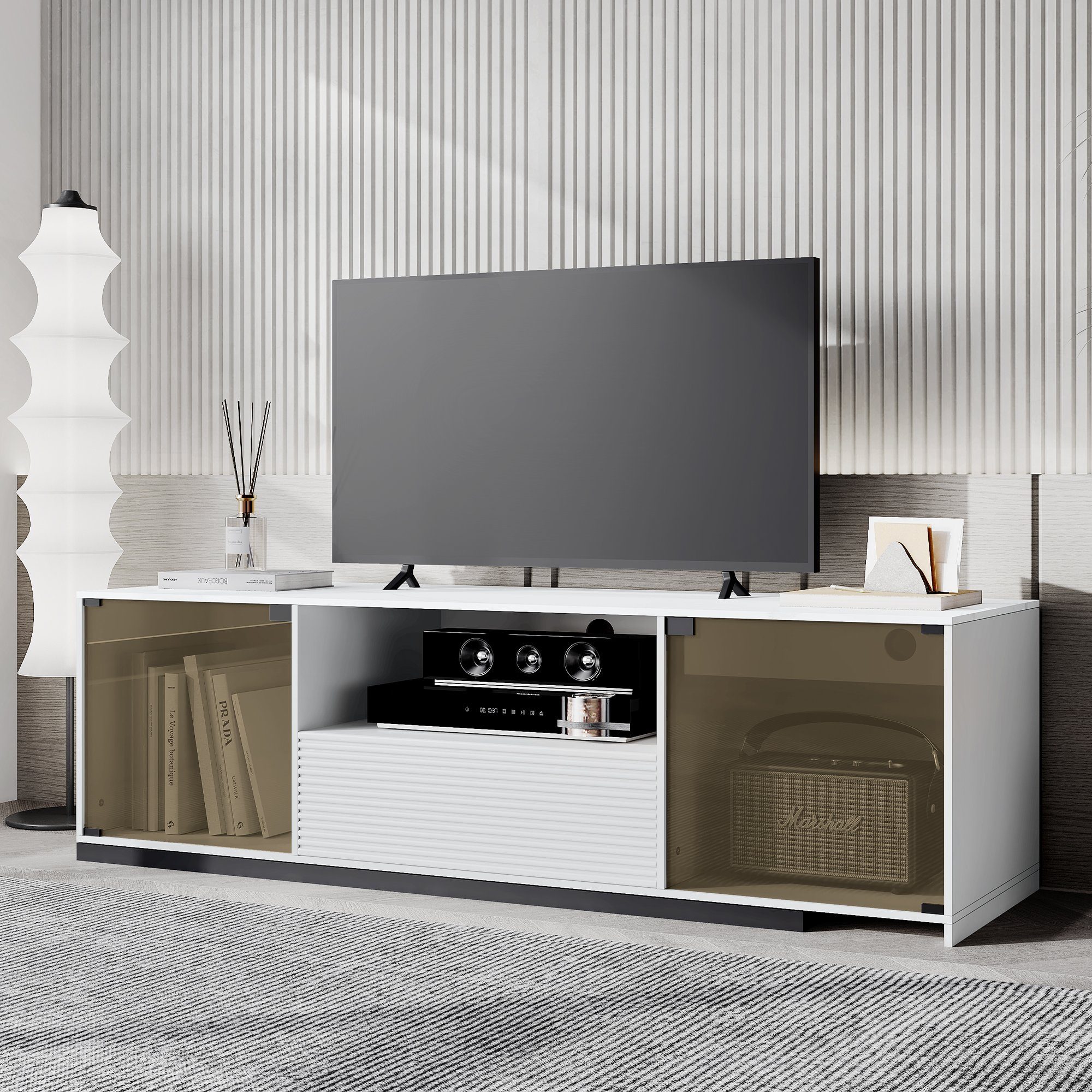 WISHDOR TV-Schrank TV-Ständer mit 1 Türen, L Schublade (für Glasdesign) offenem ED-Beleuchtung Tischplatte 60-Zoll-Fernseher, einen 1 und Mit und 2 marmorgeäderter Fach elegantem
