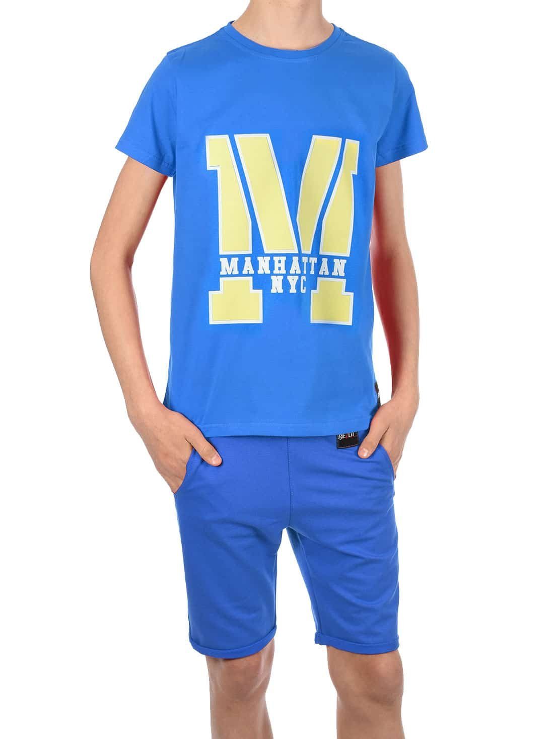 Jungen & mit (1-tlg) Shorts T-Shirt Blau / elastischem Bund T-Shirt Shorts BEZLIT Set Blau