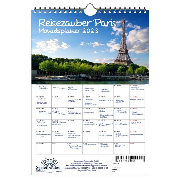 Seelenzauber Wandkalender Reisezauber Paris Planer DIN A4 - Kalender für 2023 Frankreich - Seele