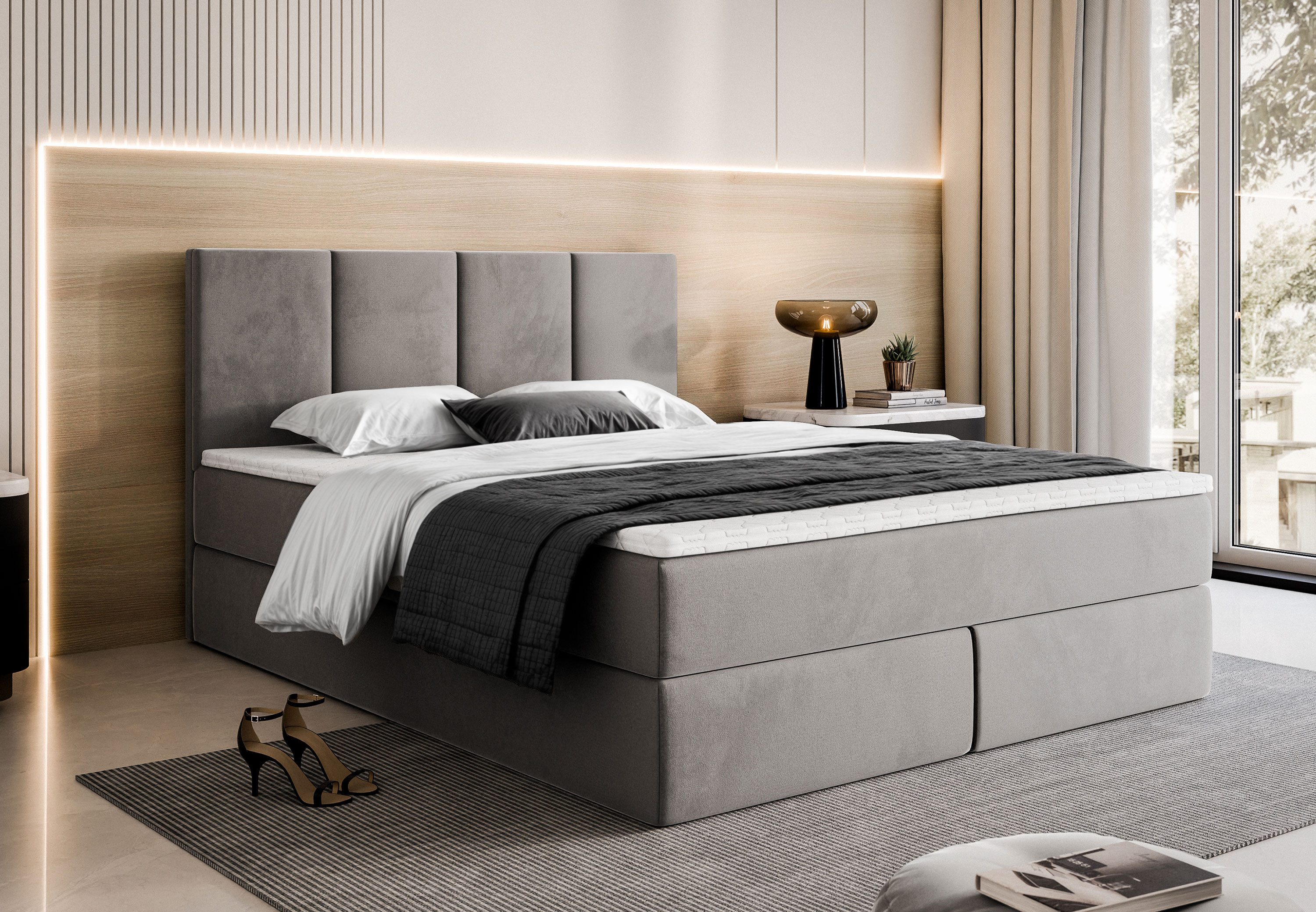 Lookway Boxspringbett ELZA – Komfortables und modernes Polsterbett für jedes Schlafzimmer (mit Bettkasten und Matratze), komfortabel gepolstertes, hohes Kopfteil