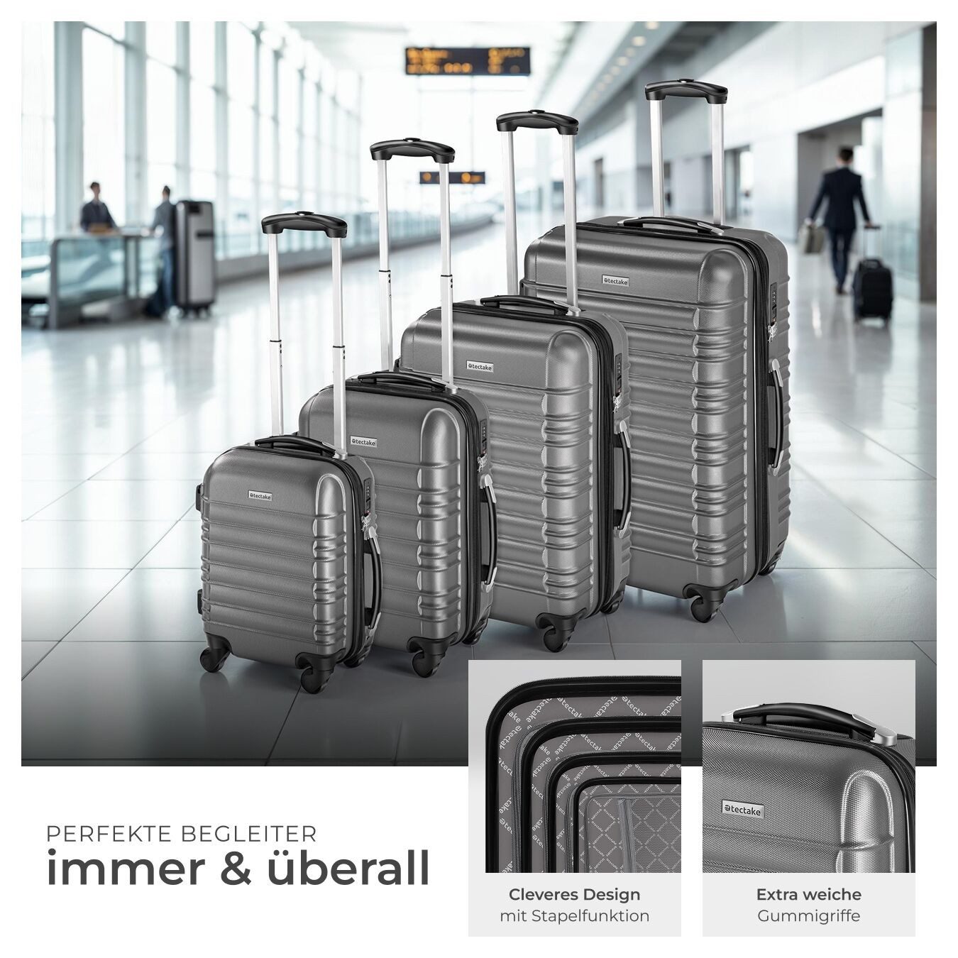 tectake Trolley Hartschalenkoffer-Set aus robustem ABS-Kunststoff, TSA-Zahlenschloss, 4 Rollen, mit Teleskopgriff, 360° drehbare, abnehmbare Rollen, abteilbar