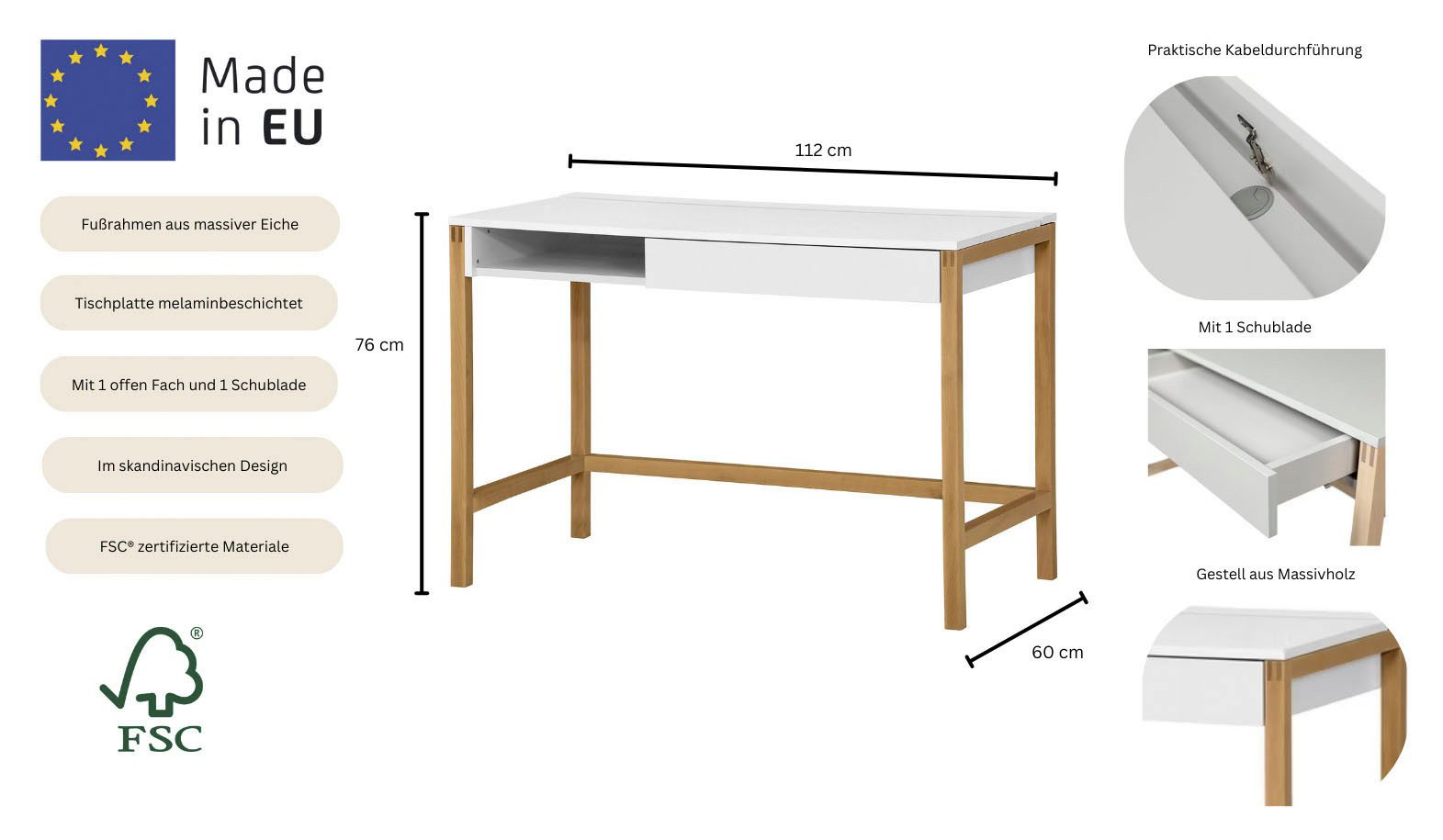 Woodman Schreibtisch Northgate, im skandinavian Design, Breite 112 cm, FSC®-zertifiziert