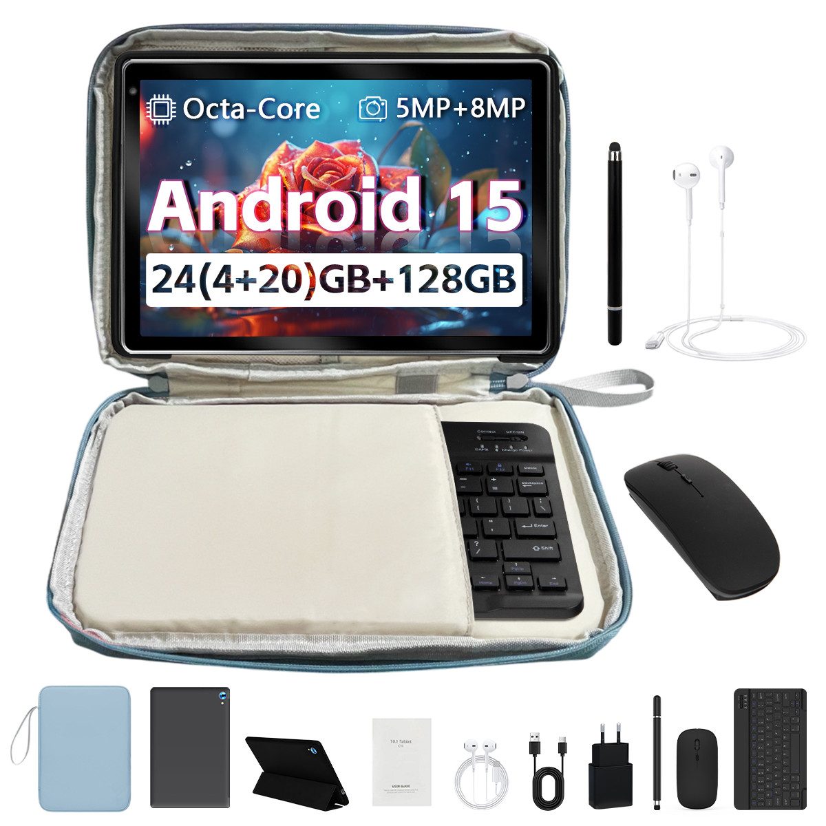 Happybe 10'' 128GB 8-in-1 Kit mit Tastatur, Stift und Hülle Set Android 15/16 Tablet (10", 128 GB, Android 15, Widevine L1, mit Blaulichtfilter, WLAN 6 BT 5)
