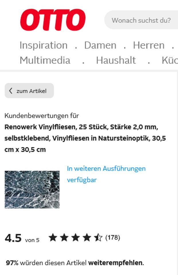 XXVinyl Vinylfliesen Hochwertige Design Fliese, Vinylboden selbstklebend, 2,32 m²., selbstklebend im Fliesenformat 30,5 cm x 30,5 cm