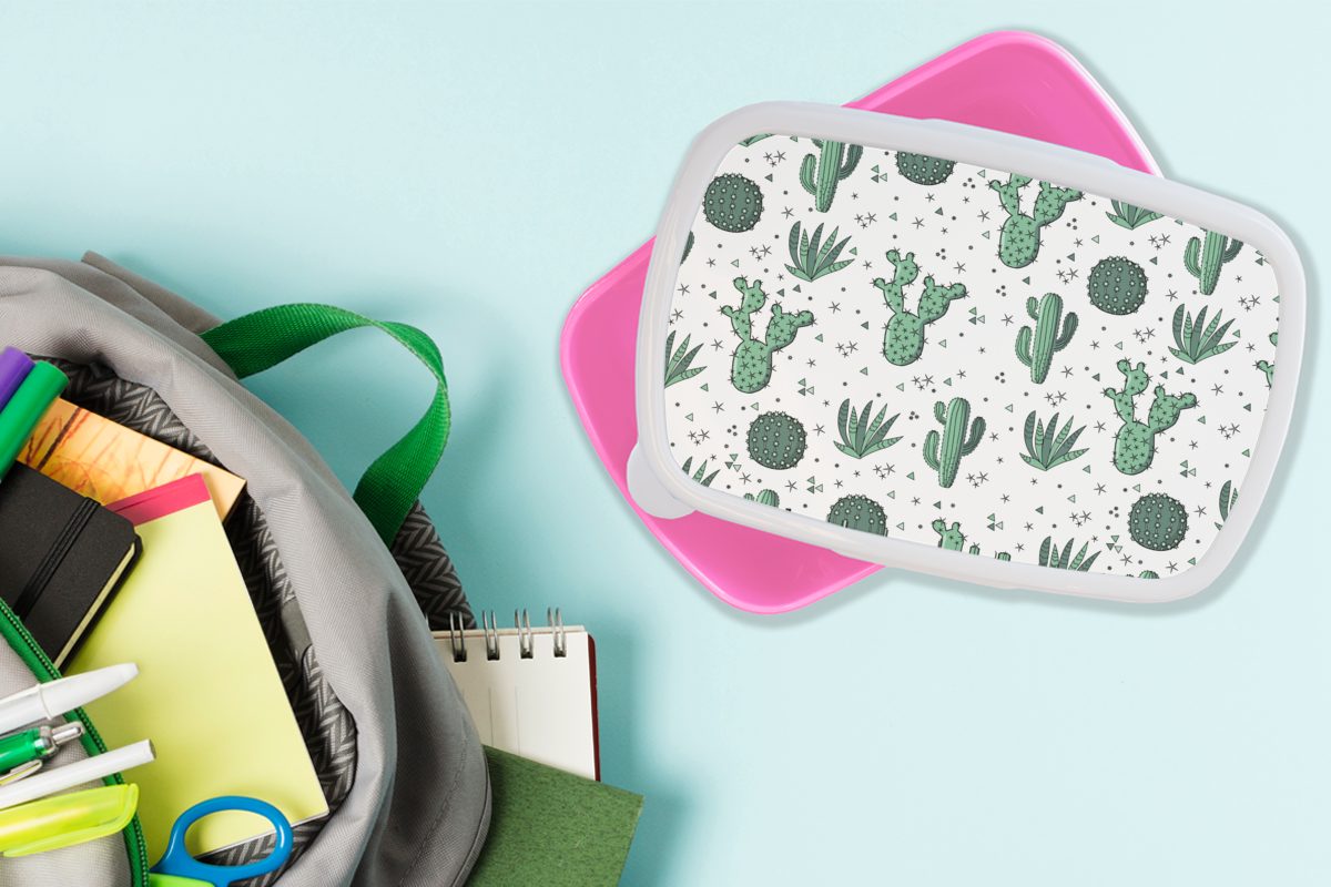 MuchoWow Lunchbox (2-tlg), Sukkulenten, Muster - - Kinder, - Brotbox Mädchen, rosa Pflanzen Kunststoff, Brotdose Kaktus Kunststoff für Snackbox, Erwachsene