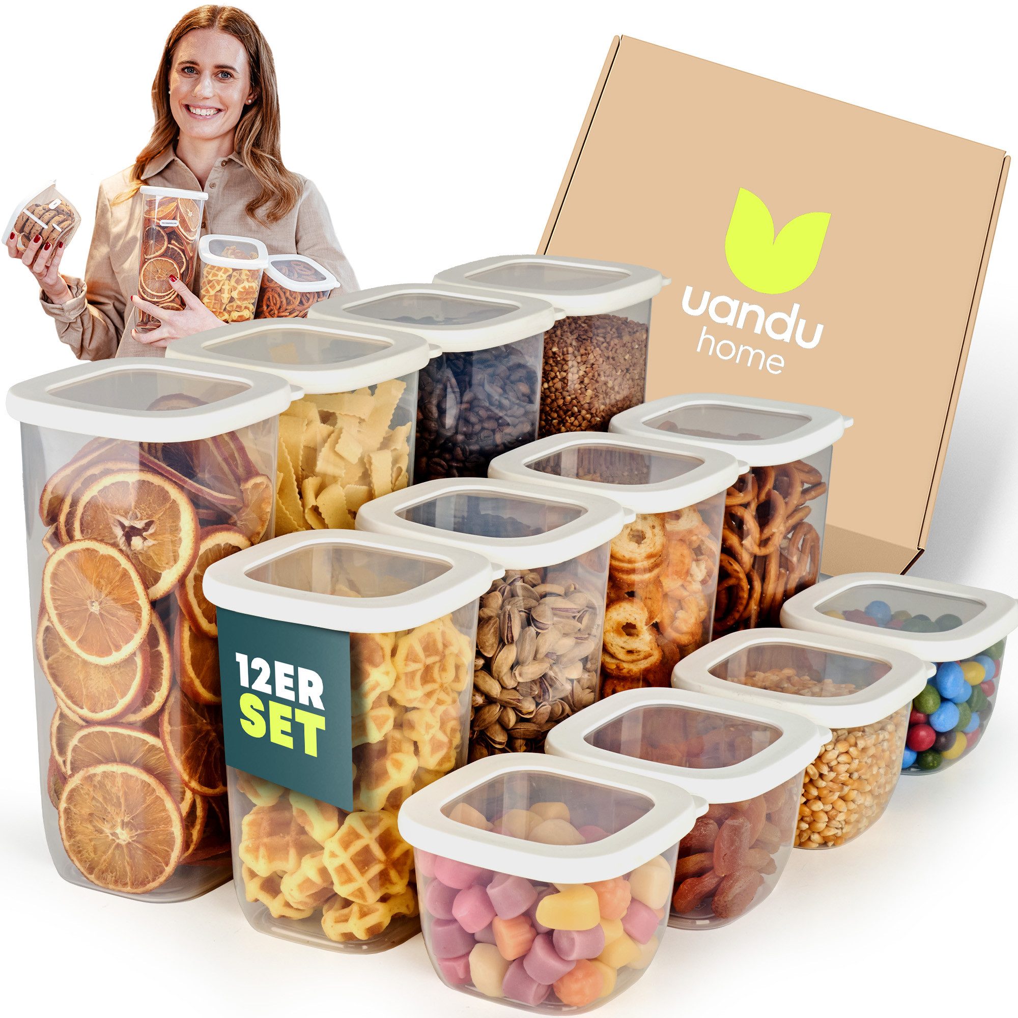 uandu home Vorratsdose Vorratsdosen mit Deckel Luftdicht, Vorratsbehälter Set, BPA Frei, (Vorratsbehälter Set, Aufbewahrungsbox Küche, Luftdichte Aufbewahrungsbox im Set inkl. 80 Etiketten, BPA Frei Kunststoff, Vorratsbehälter Set, Vorratsdosen für alle trockenen Lebensmittel), Tupperdosen Set, Meal Prep Boxen, Aufbewahrungsbox Küche