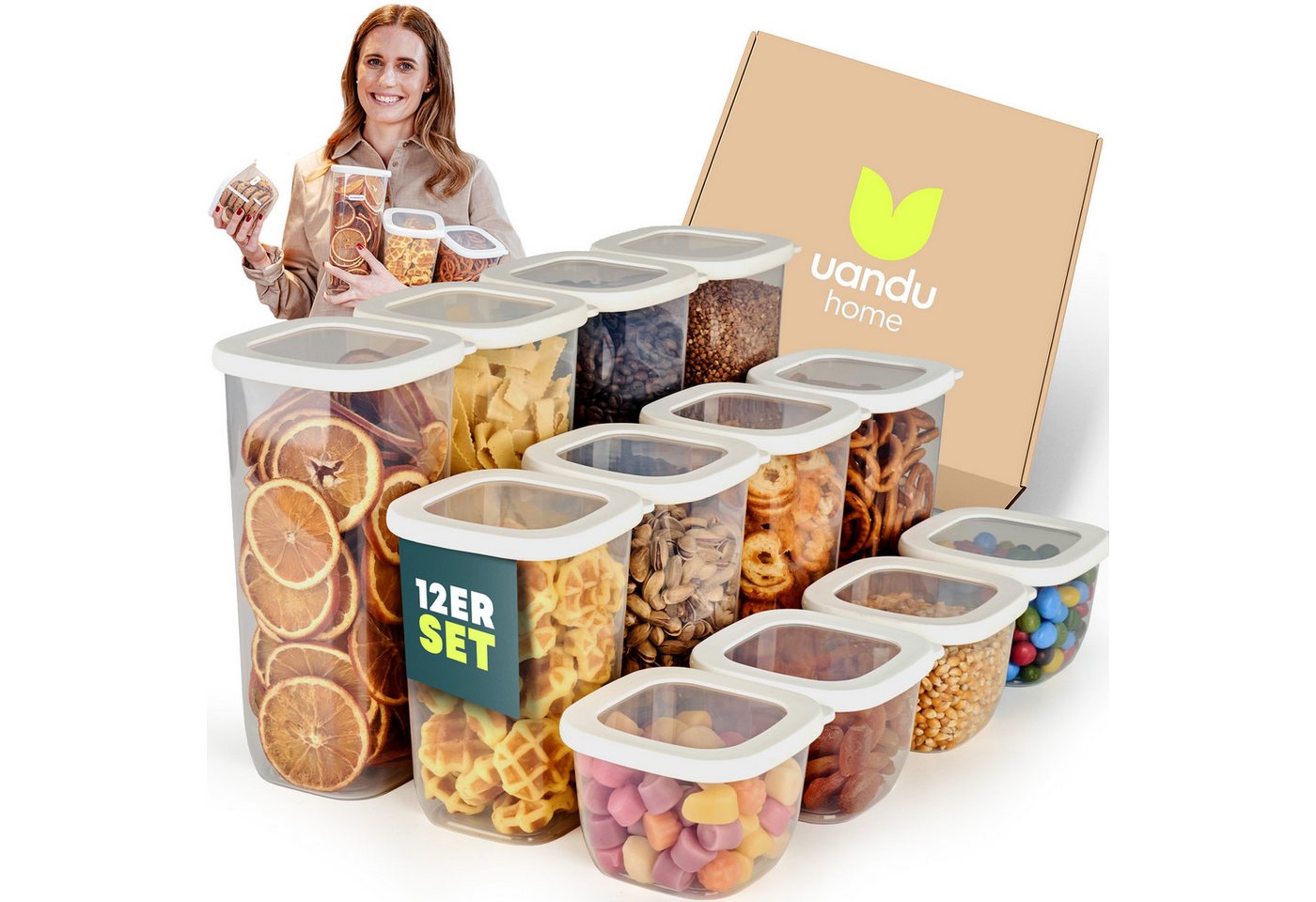 uandu home Vorratsdose Vorratsdosen mit Deckel Luftdicht, Vorratsbehälter Set, BPA Frei, (Vorratsbehälter Set, Aufbewahrungsbox Küche, Luftdichte Aufbewahrungsbox im Set inkl. 80 Etiketten, BPA Frei Kunststoff, Vorratsbehälter Set, Vorratsdosen für alle t