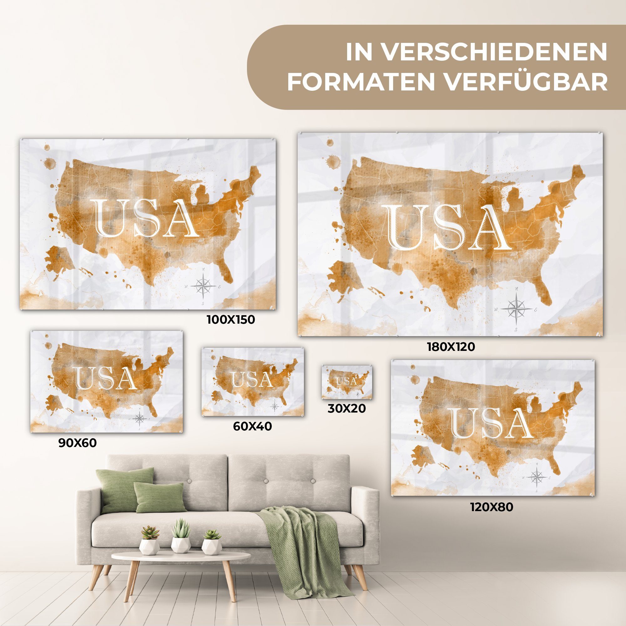 MuchoWow Acrylglasbild Karte Wandbild Amerika Foto (1 - - Bilder - auf Glas - Glas Gold, - Glasbilder auf Wanddekoration St)