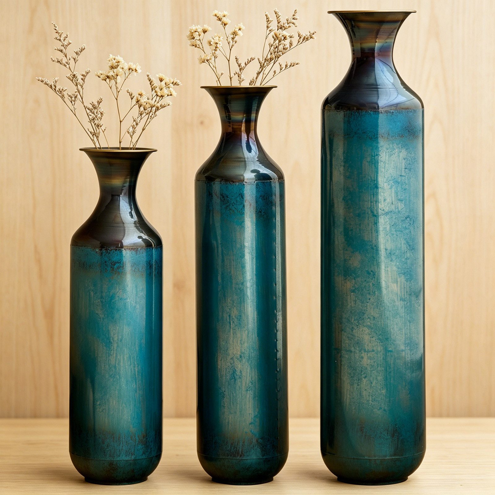 BlingBin Bodenvase 3er Set Handgefertigte Metallvase, Massivmetall Deko-Vase - 52/62/72cm (3er Set, 3 St., Groß: 14*14*72cm/Mittel: 14*14*62cm/Klein: 14*14*52cm), Handgebrannte Vintage-Optik für Wohnzimmer & Flur, Nicht Wasserdicht