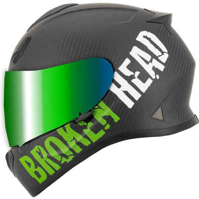 Broken Head Motorradhelm »BeProud Carbon Grün - Integralhelm - Streethelm« (mit klarem und grün verspiegeltem Visier), LIMITED EDITION
