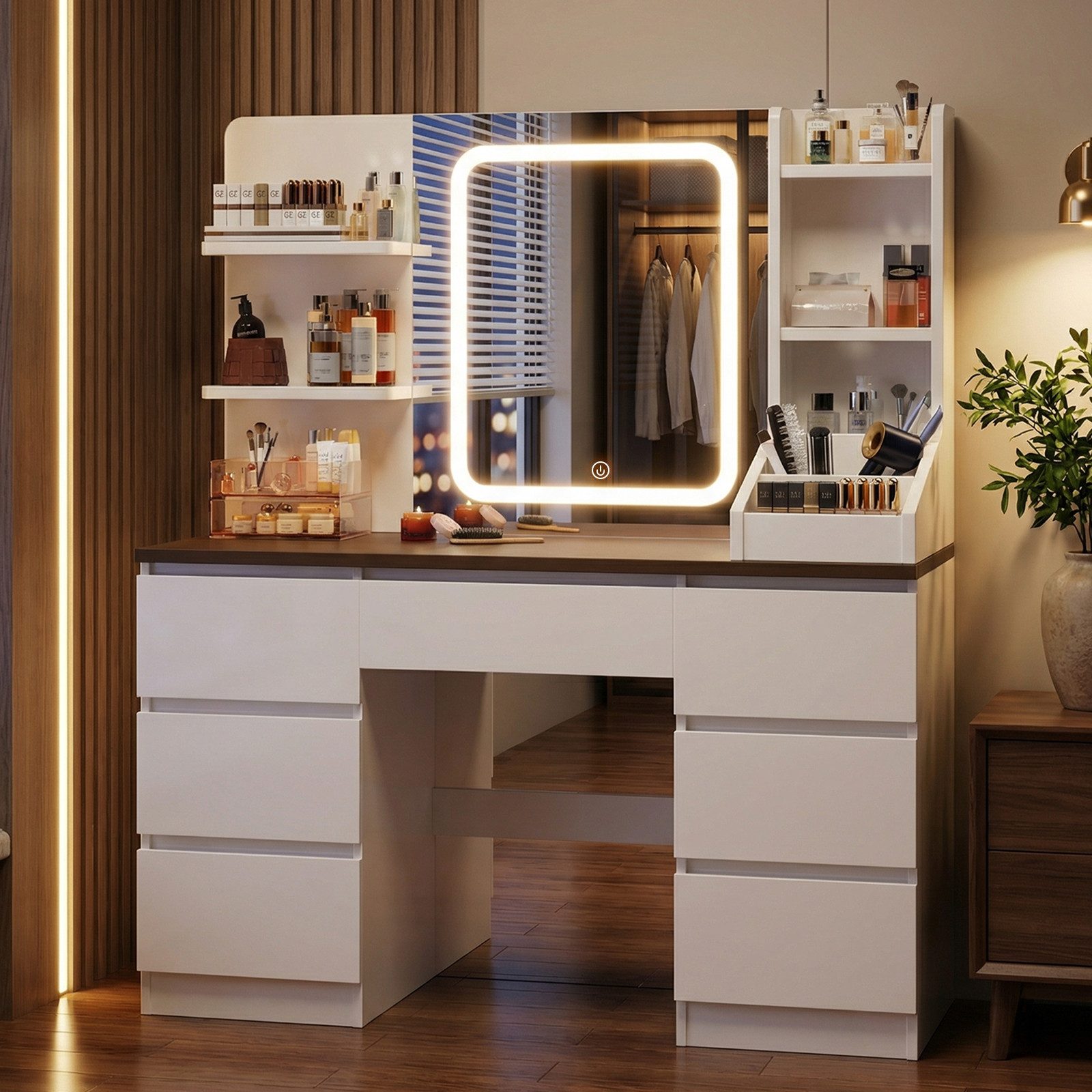 HOMALL Schminktisch Eingebaute LED-Beleuchtung, einstellbare Helligkeit, mit 7 Schubladen (Maße: 110 × 40 × 139 cm, mit verstellbarer LED-Spiegelbeleuchtung, drei wählbare Farbtöne + stufenlose Dimmung, 8 offene Ablagefächer + 7 Schubladen (Schubladenhöhe