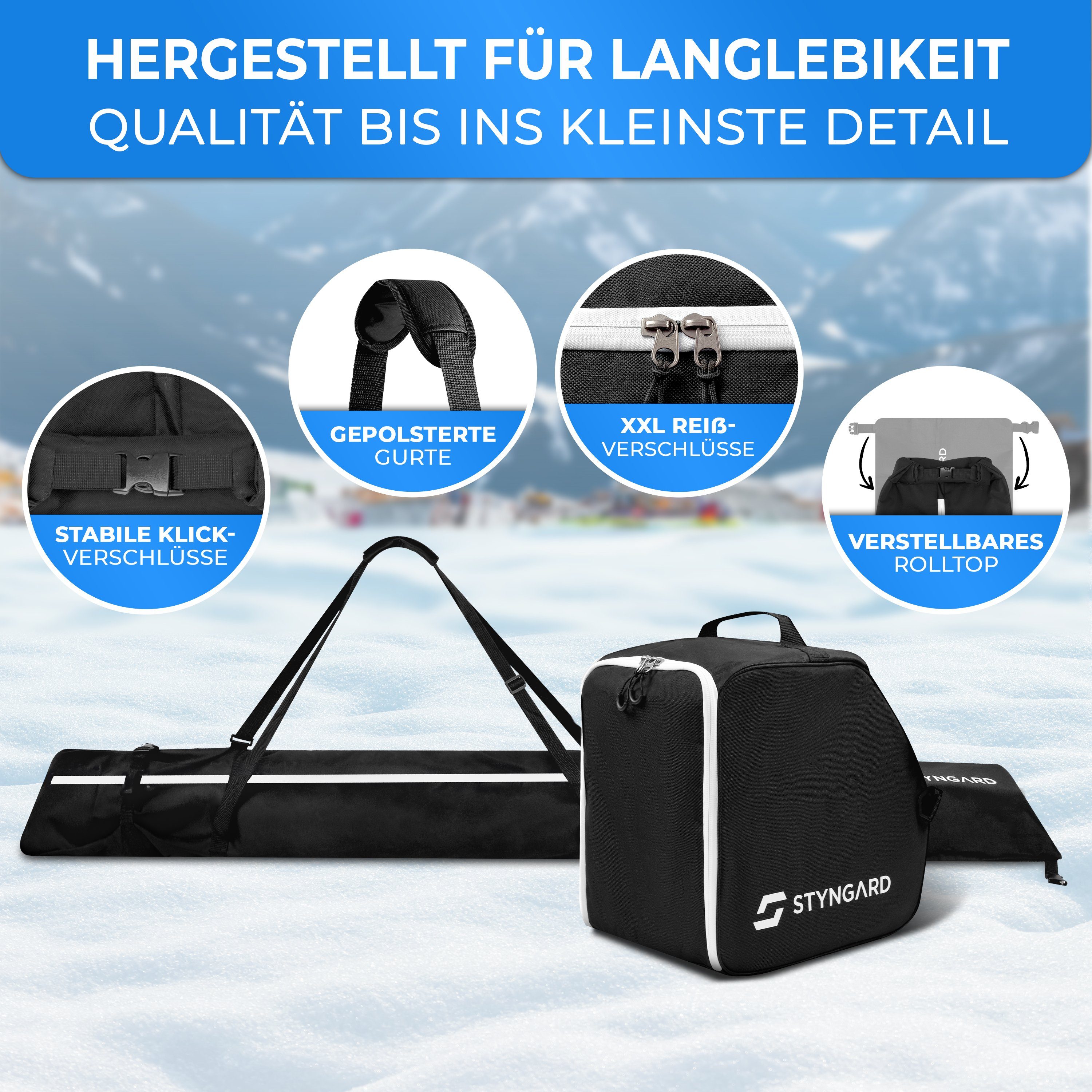 bis cm] Helmfach Styngard Vancouver (Set [40 Schwarz-Weiß [140 Skisack L) Skischuhtasche mit 200 Skitasche cm und