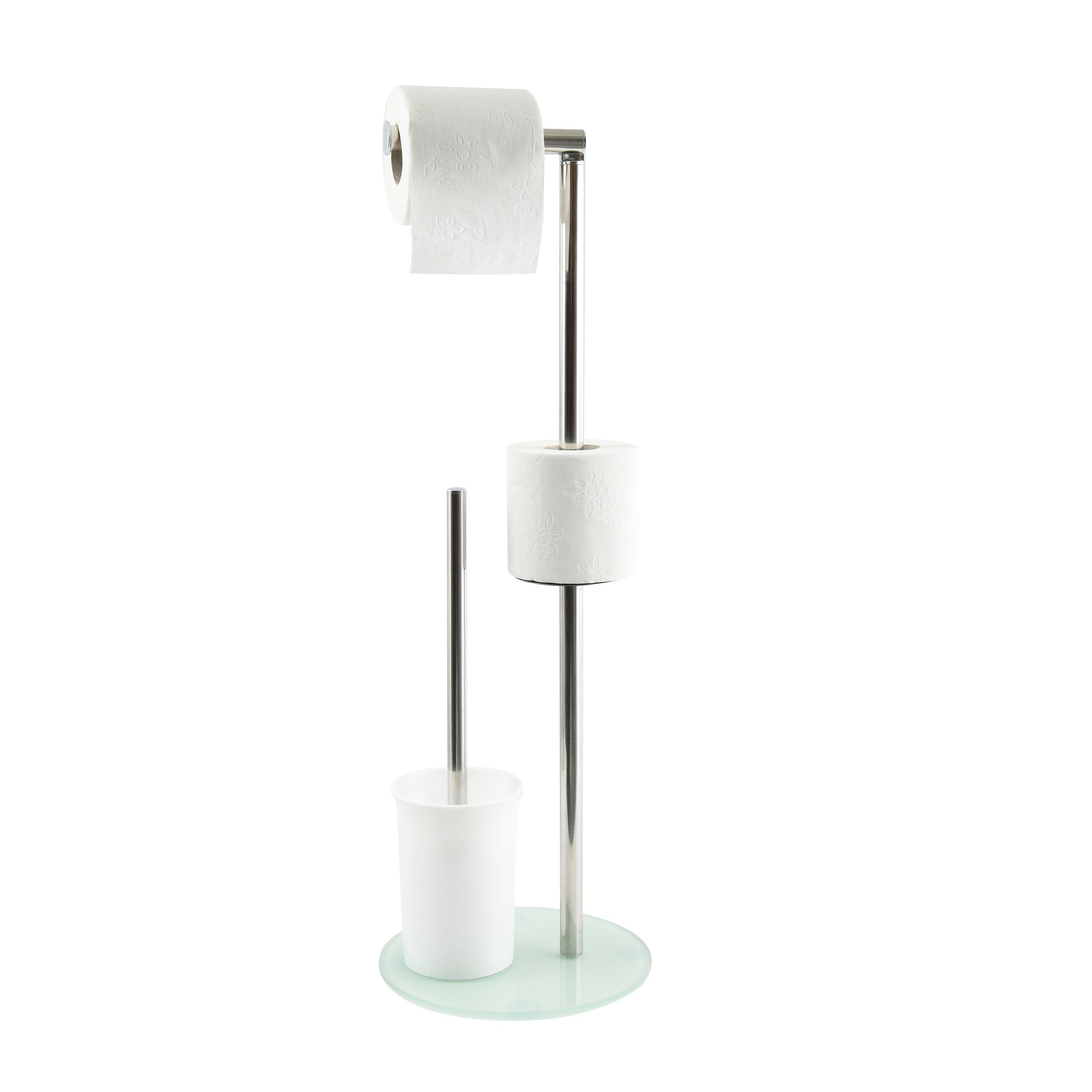 MSV Toilettenpapierhalter BERGAMO, WC Standgarnitur, 3 in 1: Toilettenbürste mit Rollenhalter und Ersatzrollen-Aufbewahrung, Edelstahl, farbiges Glas, 22x60 cm, weiß