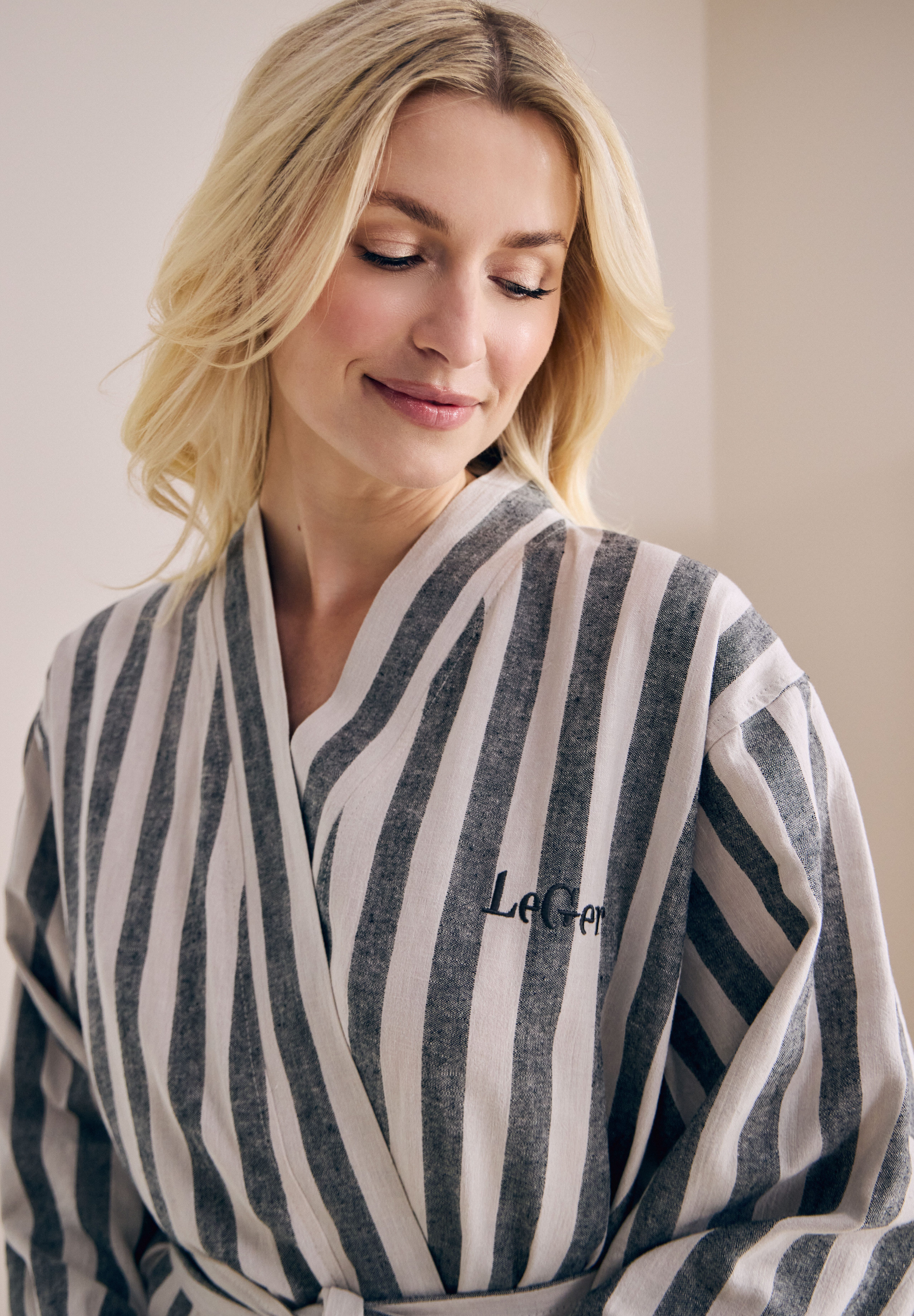 LeGer Home by Lena Gercke Bademantel Tamsin Benny, ideal für Sauna & Spa, Hotelbademantel, Morgenmantel, Midilänge, Baumwoll-Mix, Kimono-Kragen, Gürtel, Baumwolle, Leinen, gestreift