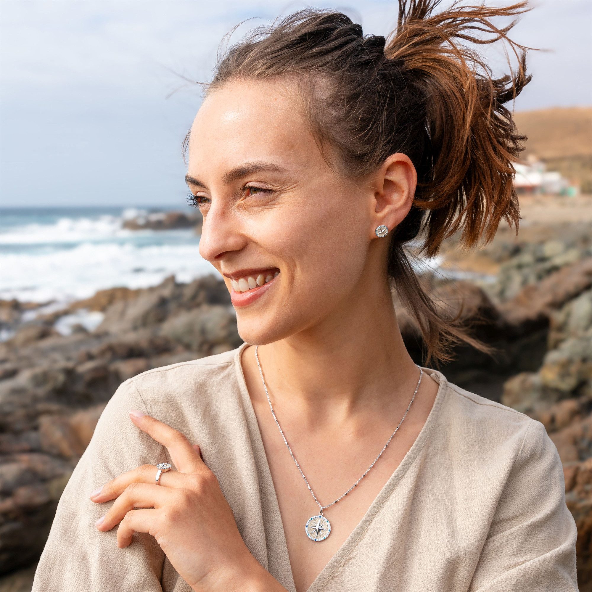 DUR Kettenanhänger P4338 Kompassrose 2.0 925 Silber Strandsand Zirkonia 20 mm