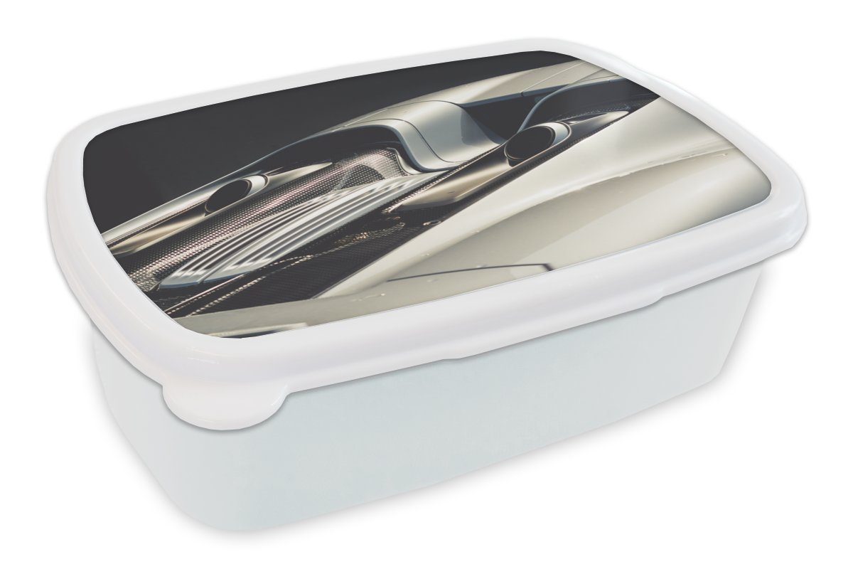 MuchoWow Lunchbox Auto - Porsche - Auspuff, Kunststoff, (2-tlg), Brotbox für Kinder und Erwachsene, Brotdose, für Jungs und Mädchen weiß
