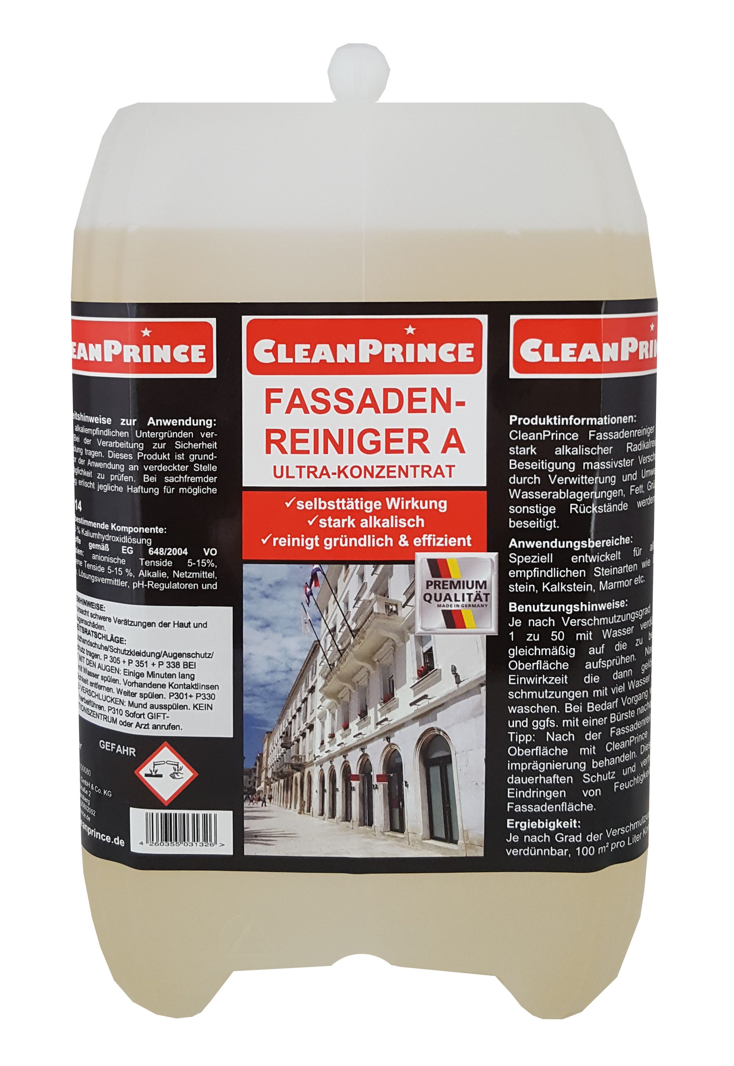 CleanPrince Fassadenreiniger A alkalisch, Putz, Beton, säureempfindliche Wände Reinigungskonzentrat (für säureempfindliche Fassaden)