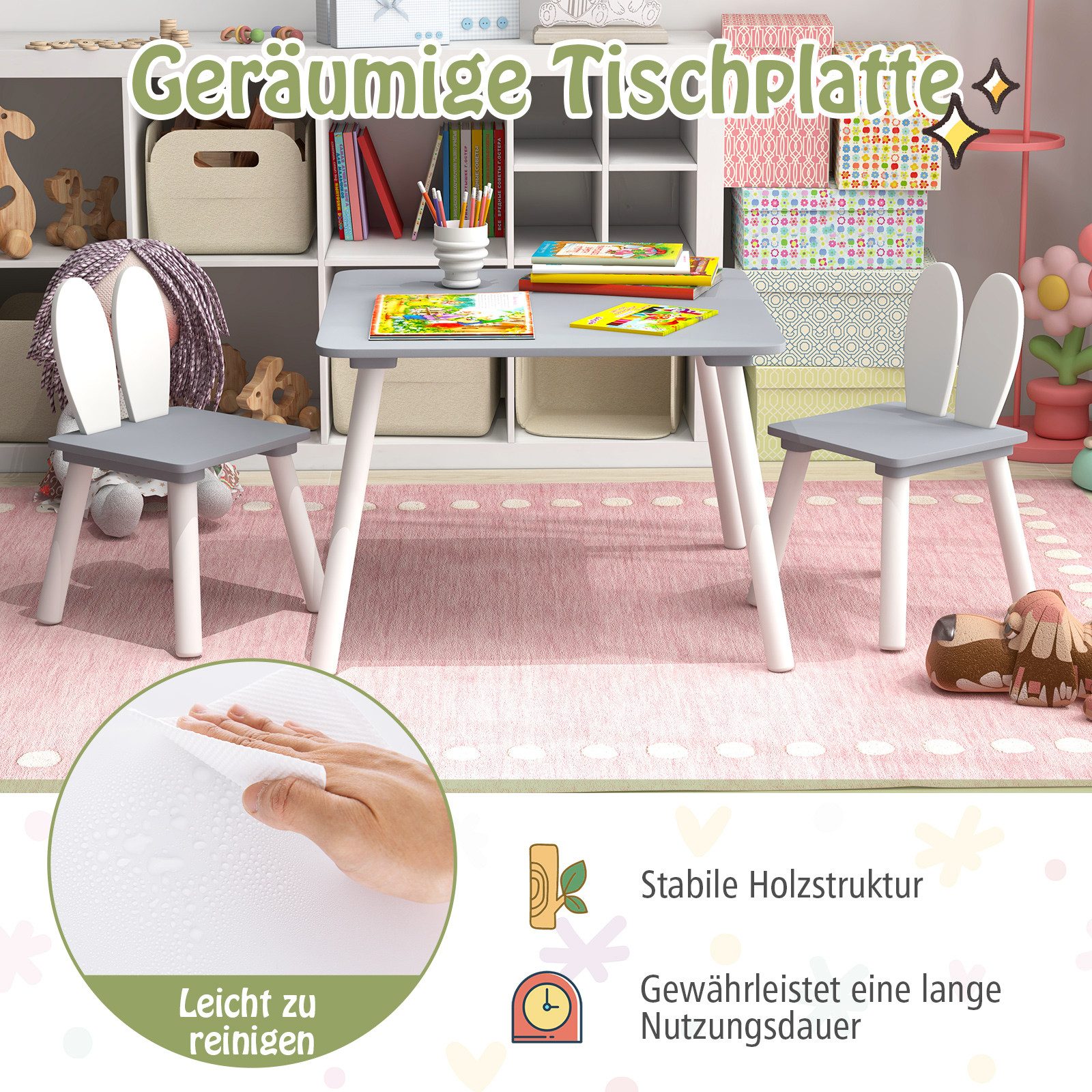 COSTWAY Kindersitzgruppe 3 TLG. mit Tisch & 2 Stühlen, aus Holz, für 3-6 Jahre