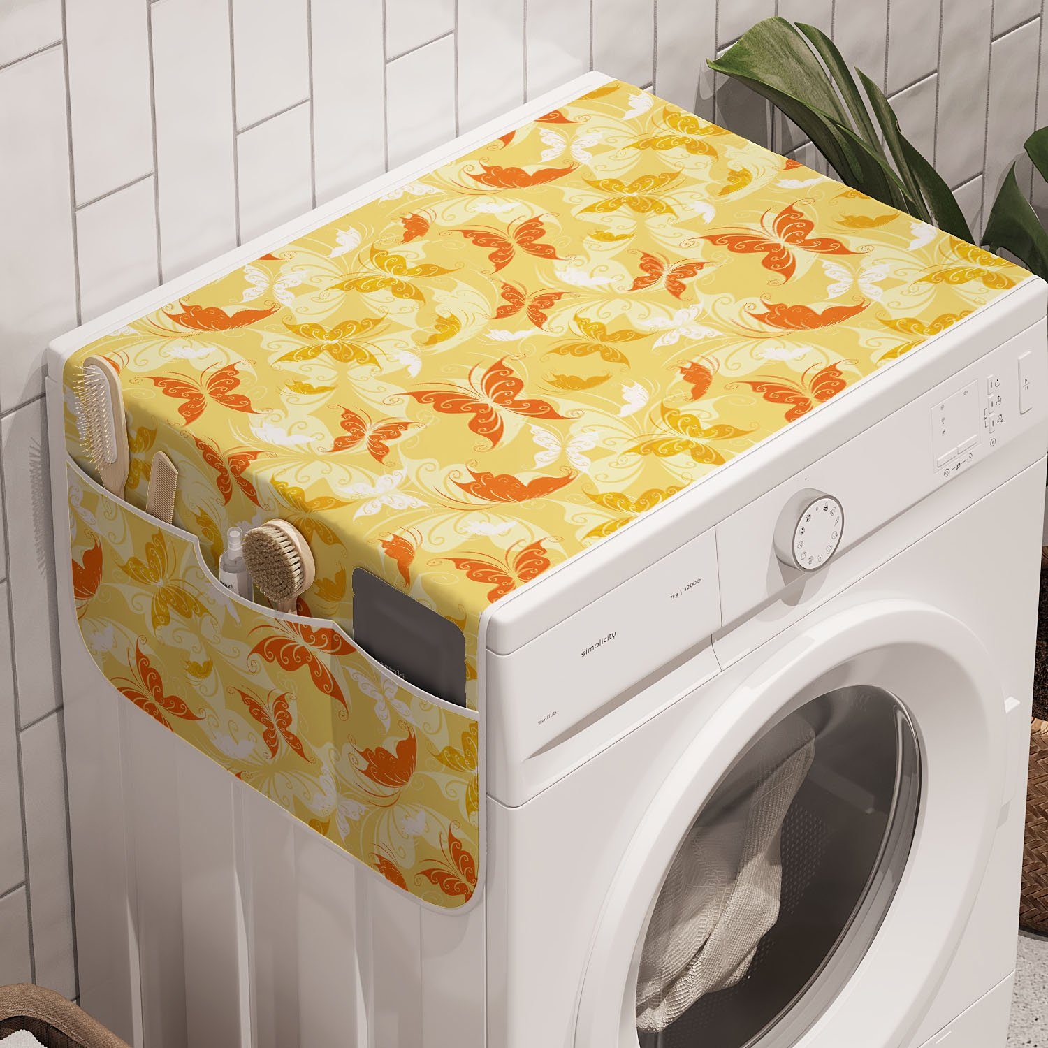 Abakuhaus Badorganizer Anti-Rutsch-Stoffabdeckung für Waschmaschine und Trockner, Gelb weiss gewirbelte Schmetterling