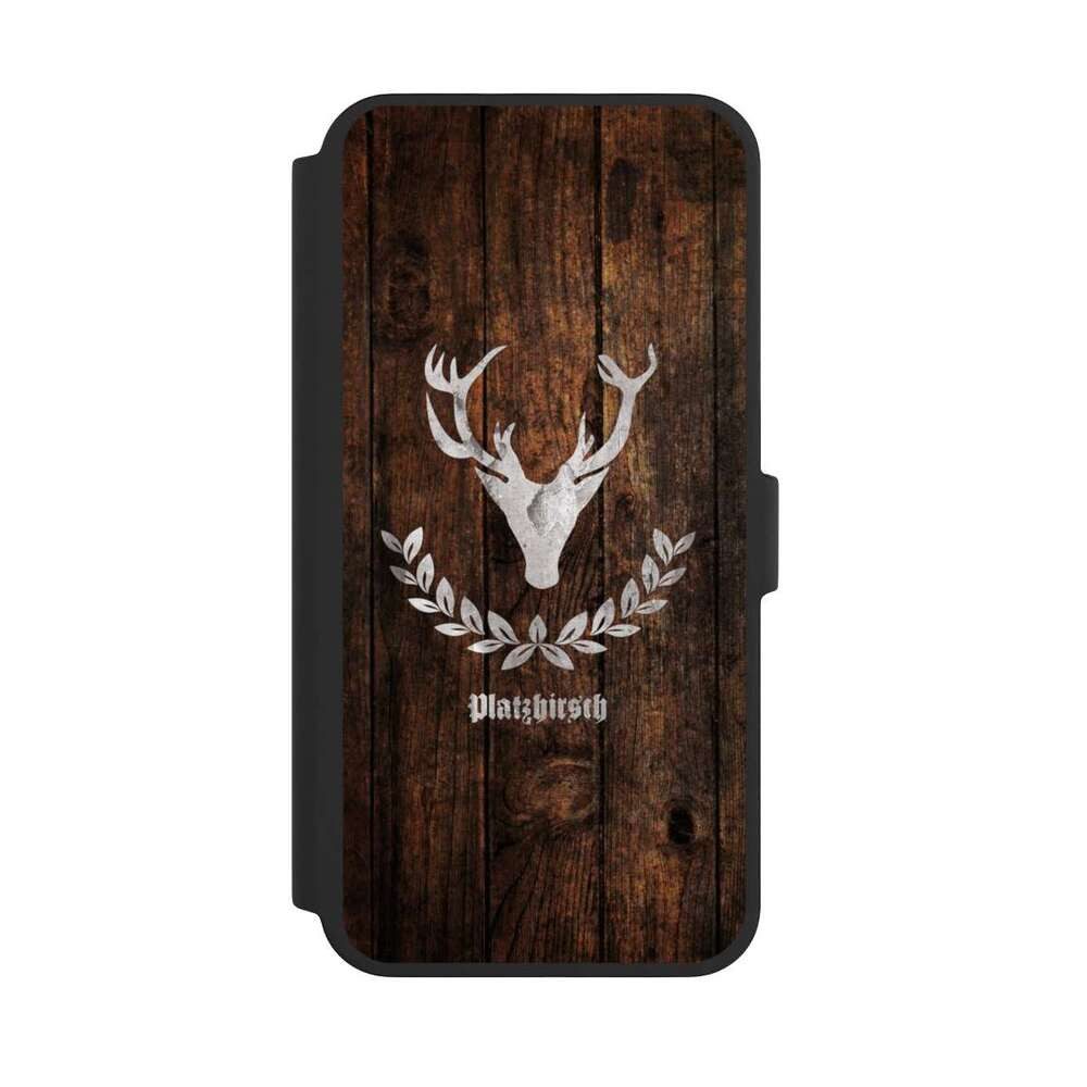 NIVOCASE Handyhülle Hirsch Holzoptik Holz Platzhirsch, Apple iPhone 16 Pro Max Klapphülle Handyhülle aus Kunst Leder