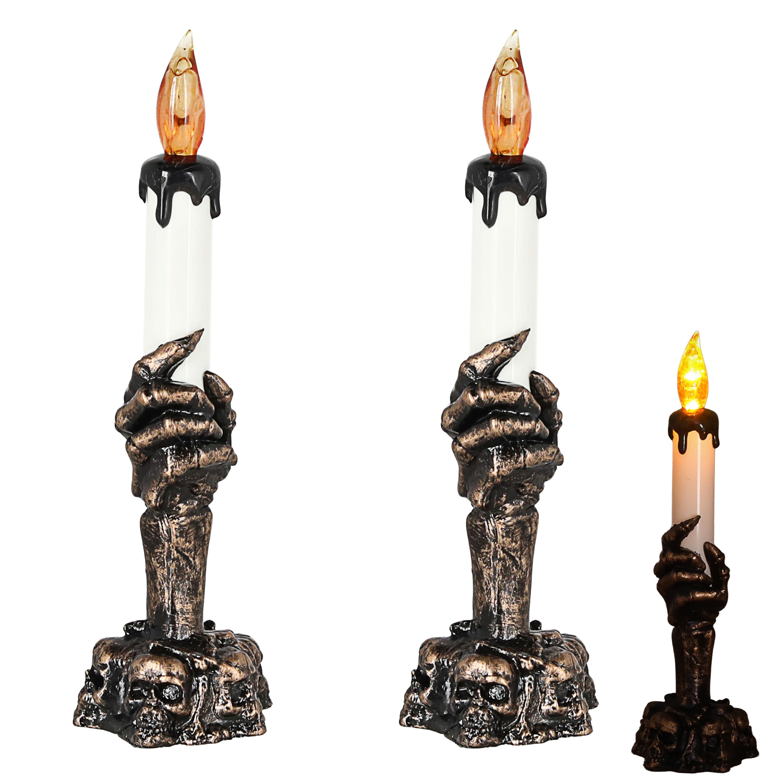 CEPEWA LED Dekolicht LED Kerzenhalter Hand Totenkopf 6x21cm schwarz gold gelb flackernd