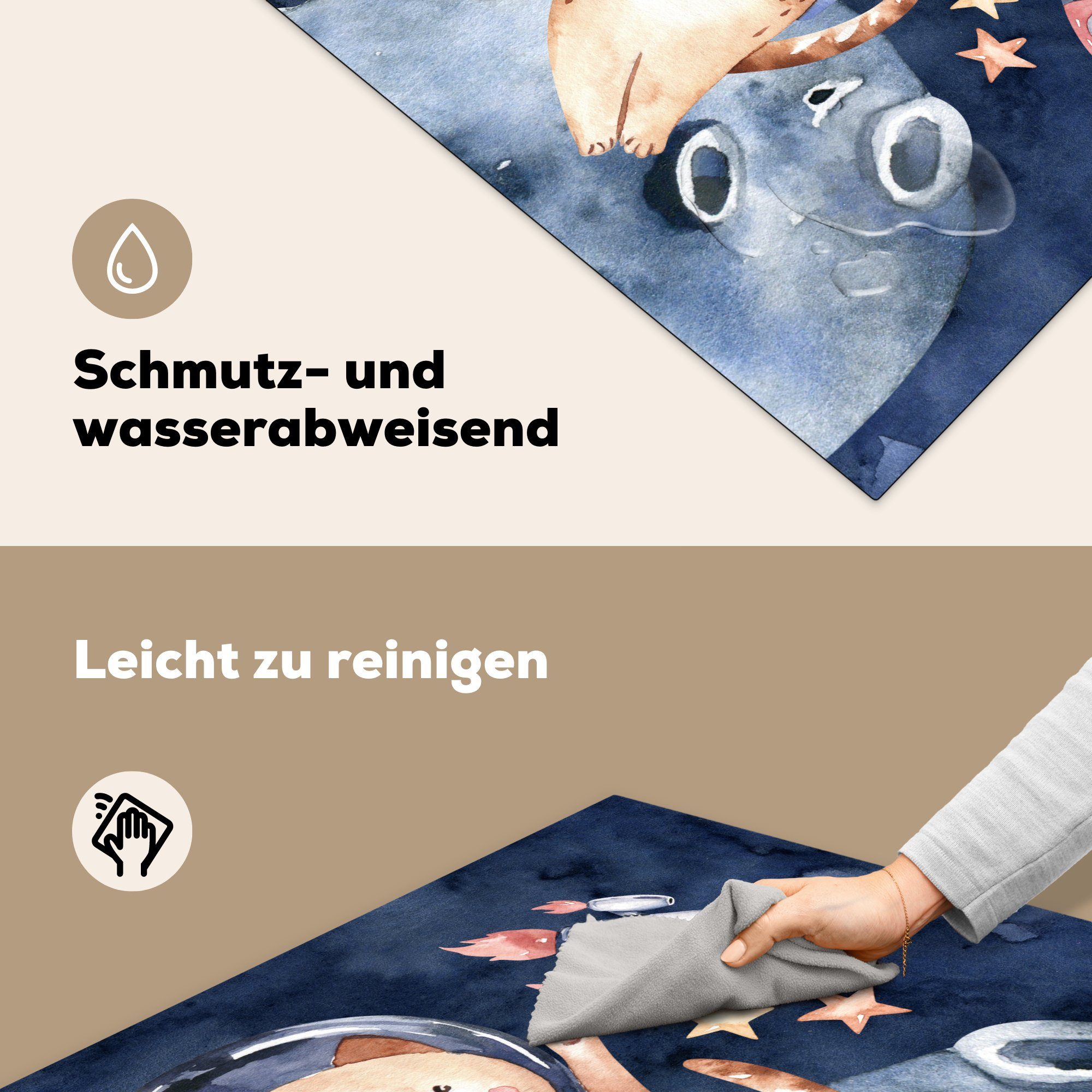 Weltraum - küche tlg), - Vinyl, für - Herdblende-/Abdeckplatte - Katze Rakete Jungen - Arbeitsplatte cm, Ceranfeldabdeckung, Kind (1 MuchoWow 78x78 Mädchen Kinder, -