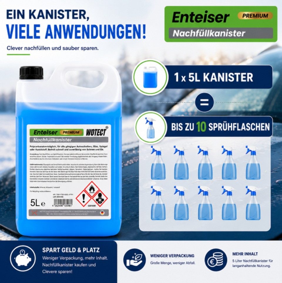 Wotect Enteiser-Spray 5 L Scheibenenteiser Enteiserspray Auto Scheiben Enteiser Frostschutz, bis -40 °C, 5 l, Vorratspack, Nachfüllkanister, gebrauchsfertig – Bild 3 von 5