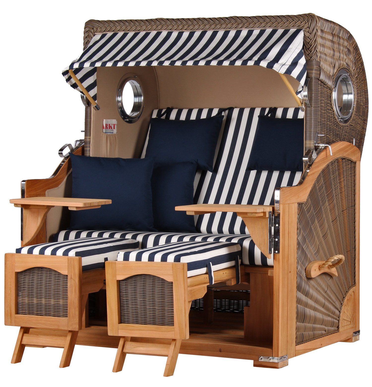 bene living Strandkorb Ammersee Grande XL Teak - PE grau - Modell 518, BxTxH: 142x95x165 cm, Volllieger ca. 175 Grad, Ostsee-Strandkorb Komplettset, inkl. Liftersystem und Bullaugen