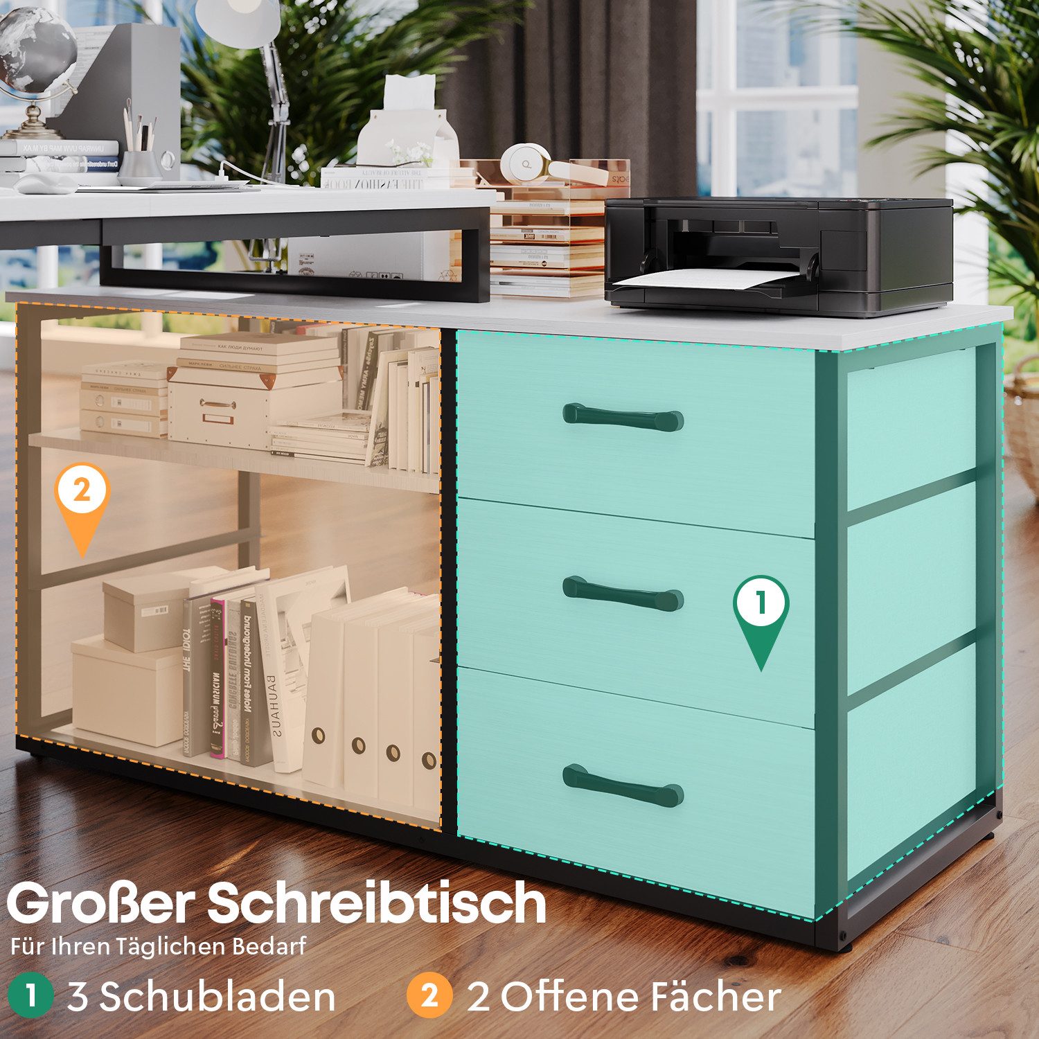 HOMALL Schreibtisch L-förmiger Eckschreibtisch mit USB-Anschluss und zwei Steckdosen. (Abmessungen: 140 x 105 x 75 cm, L-förmiger Schreibtisch Gamingtisch, umwa – Bild 4 von 5