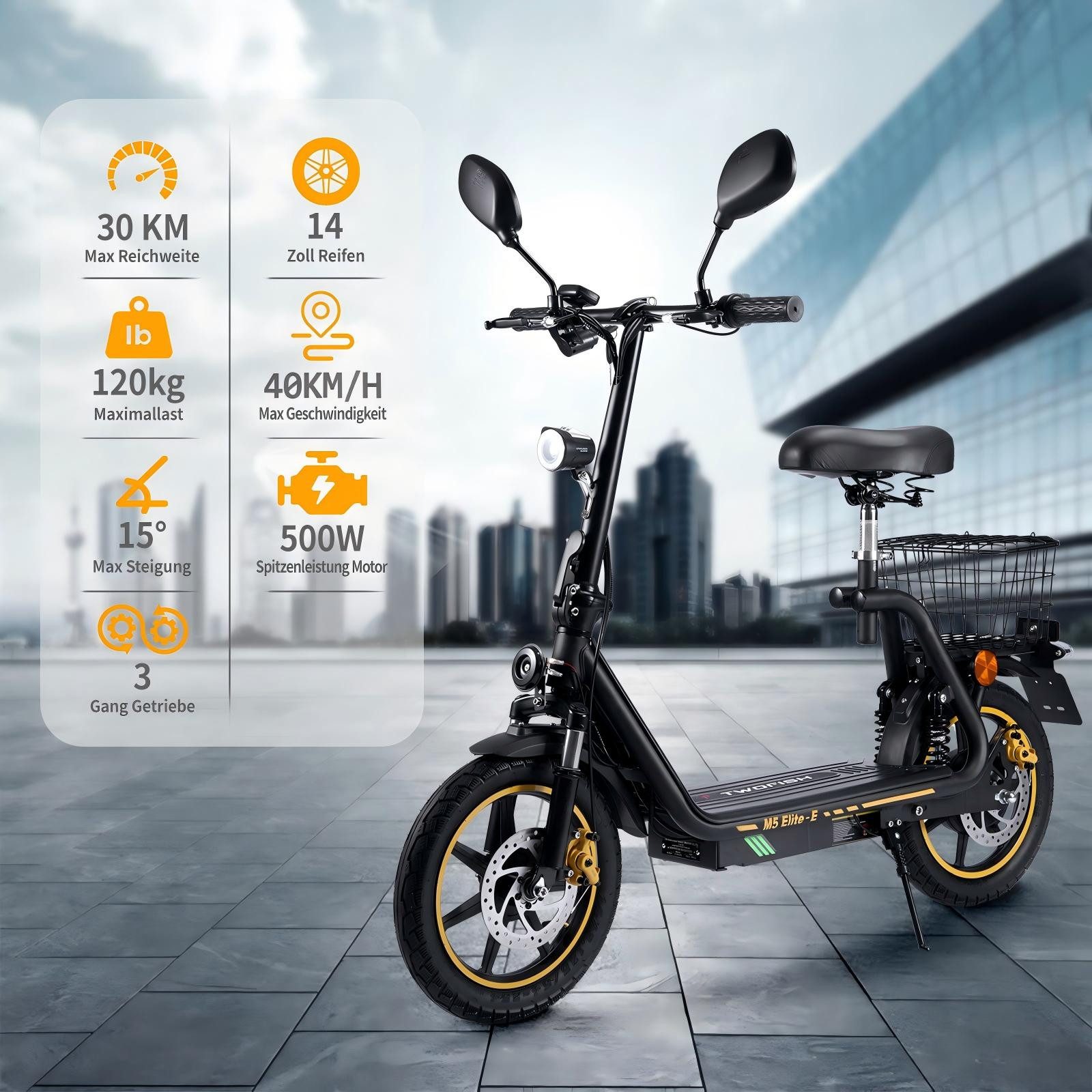 Twofish E-Motorroller Elite-E EEC zertifizierter Elektroroller mit Sitz und hinterem Korb, 40 km/h, 30 km Reichweite, Doppelscheibenbremsen, Stoßdämpfer vorne und hinten