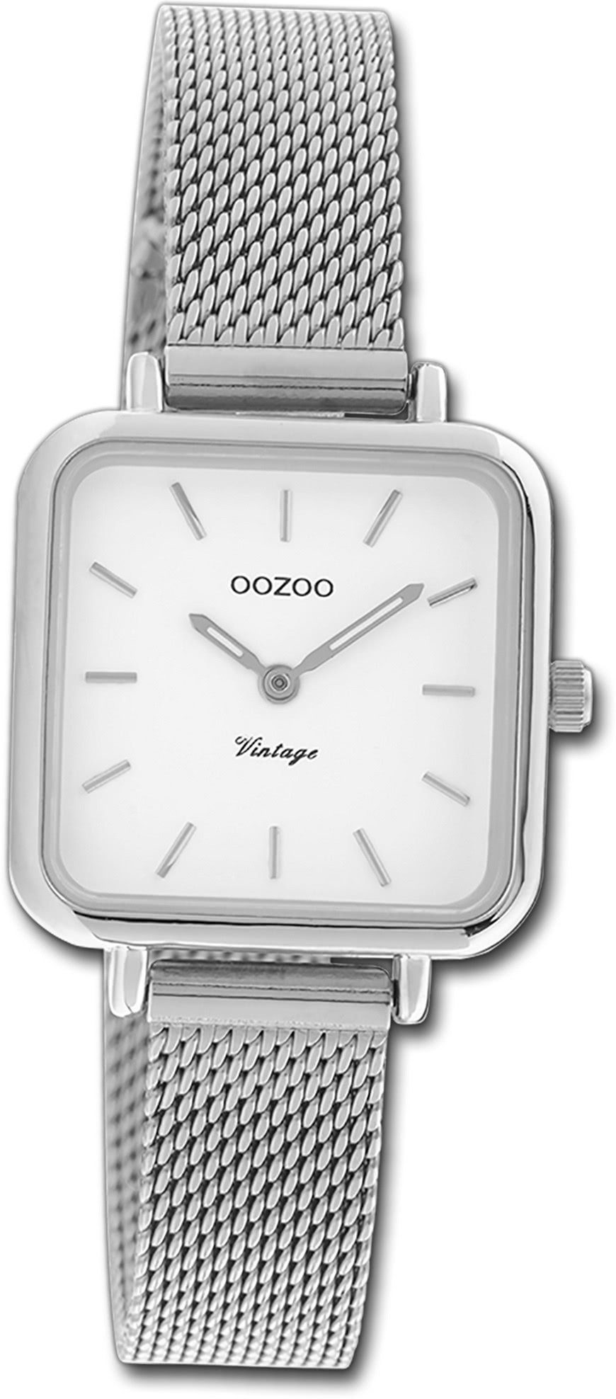 (ca. Oozoo Armbanduhr Series, Vintage silber, Gehäuse, Damen klein 26x26mm) Quarzuhr OOZOO Damenuhr rechteckiges Mesharmband
