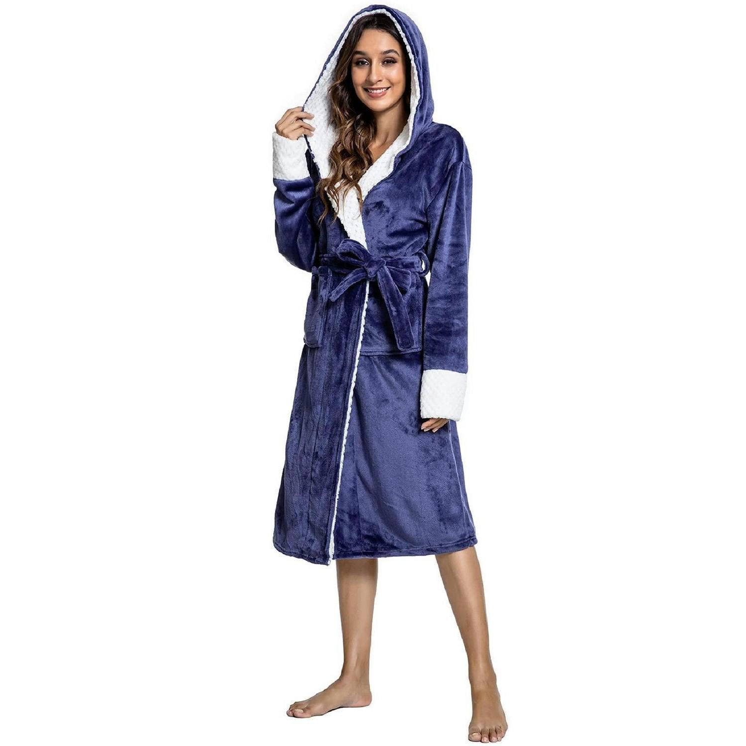 LuxusKollektion Damenbademantel Bademantel Damen Flauschig mit Kapuze Marine Einheitsgröße, Textil, Kapuze