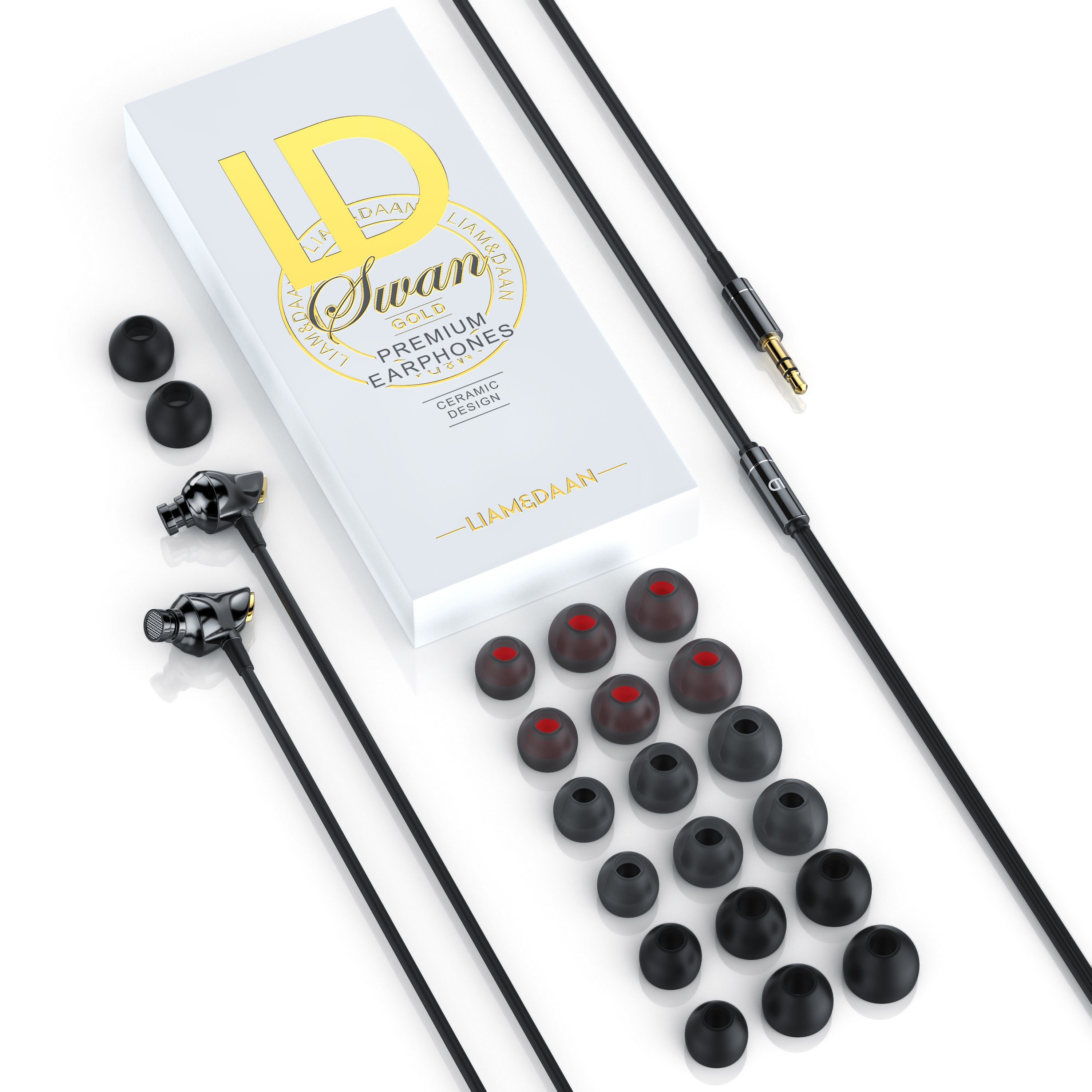 LIAM&DAAN High End Ceramic "Swan" 8mm Treiber, Aramid Kabel, Knickschutz In-Ear-Kopfhörer (3,5 mm Klinkenanschluss, verstärktes Kabel, Gold Edition)