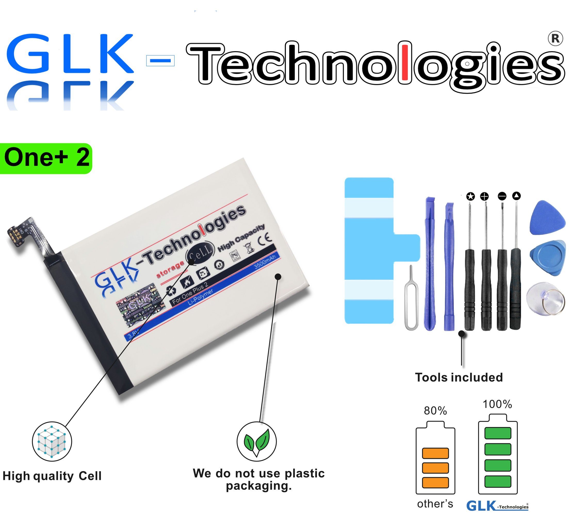 GLK-Technologies High Power Akku für 1+ ONEPLUS 2 BLP597, Original GLK-Technologies® Batterie, 3500 mAh // inkl Werkzeugset // NEU Smartphone-Akku 3500 mAh (3.8 V)