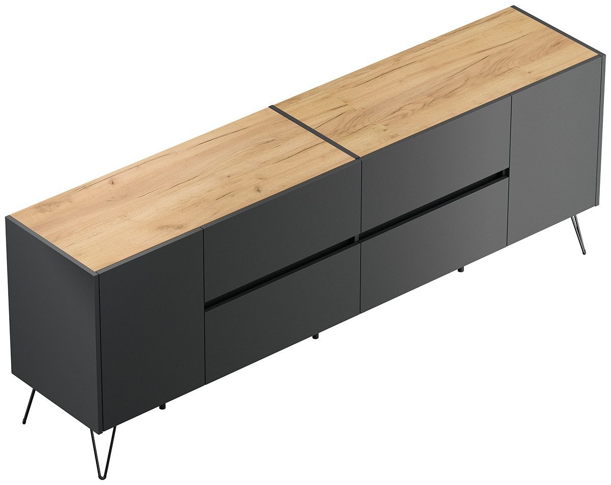 Magnolia Home Sideboard Sideboard Yako 200cm 2 Türen 4 Schubladen Grafit mit Eiche Top