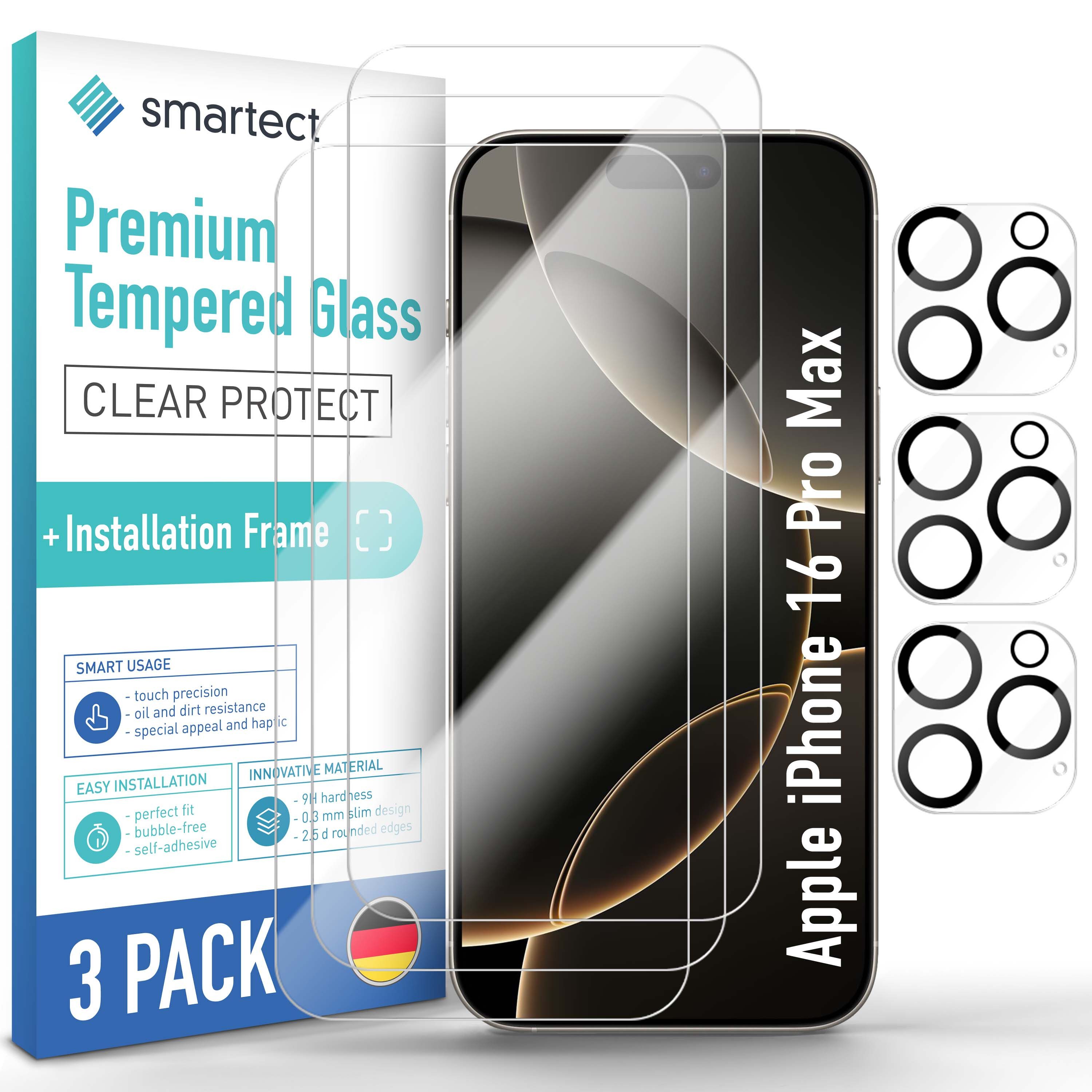 smartect Displayschutzglas Schutzglas Panzerfolie Klar 3 + 3 Stück für iPhone 16 Pro Max für Apple iPhone 16 Pro Max, Set, 3 Stück, Display + Kamera, inkl. Anbringhilfe, 9H Härte, Kratzfest, Stoßfest