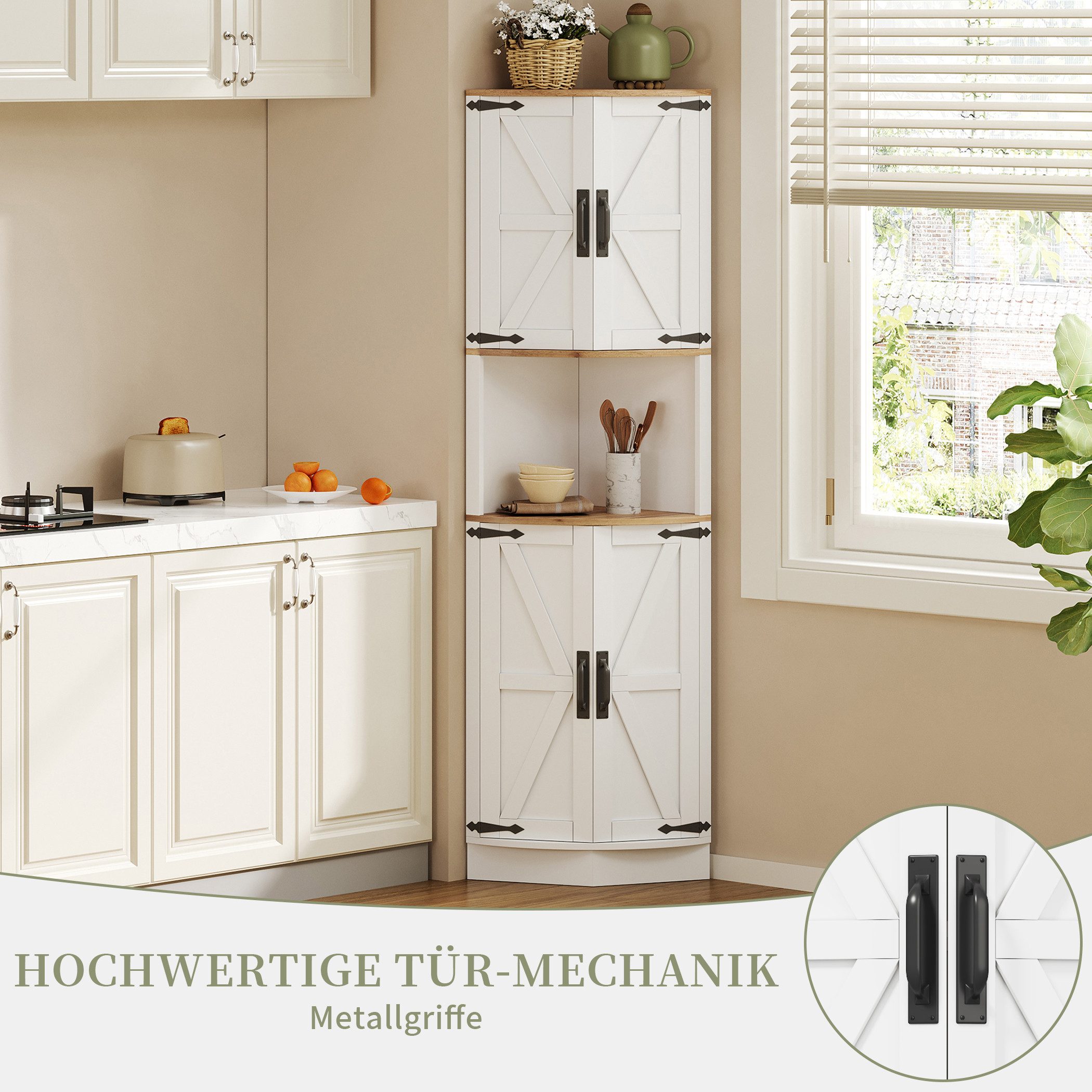 SeedWave Buffet Allzweck Eckschrank Hochschrank mit 4 Türen, Staufächern, Ablageboden Küchenbuffet inkl. Metallgriffe, Kippschutz-Set – Bild 5 von 5