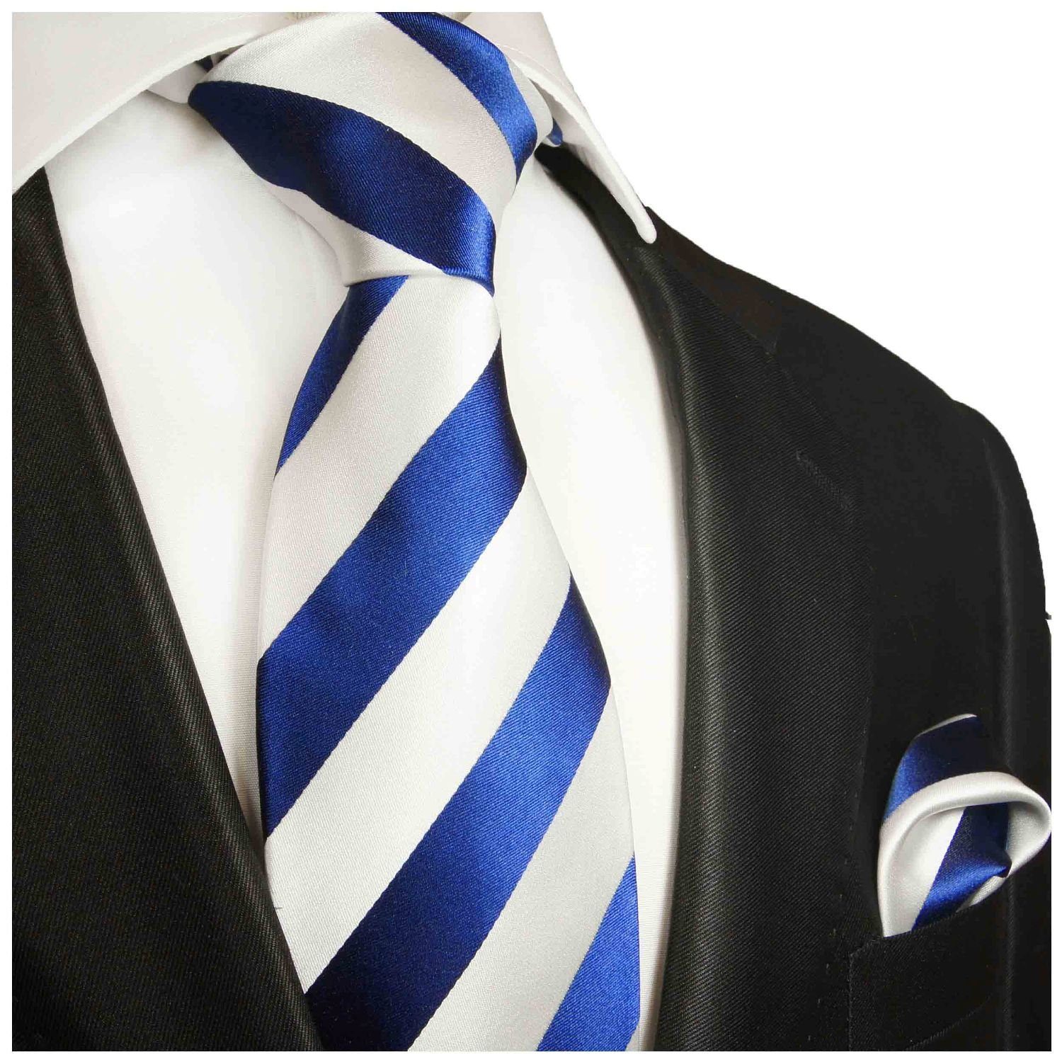 Paul Malone Tuch Krawatte Seide gestreift 2-St., Schmal Streifen modern 405 mit Seidenkrawatte Herren 100% mit Einstecktuch) (6cm), (Set, blau weiß Krawatte