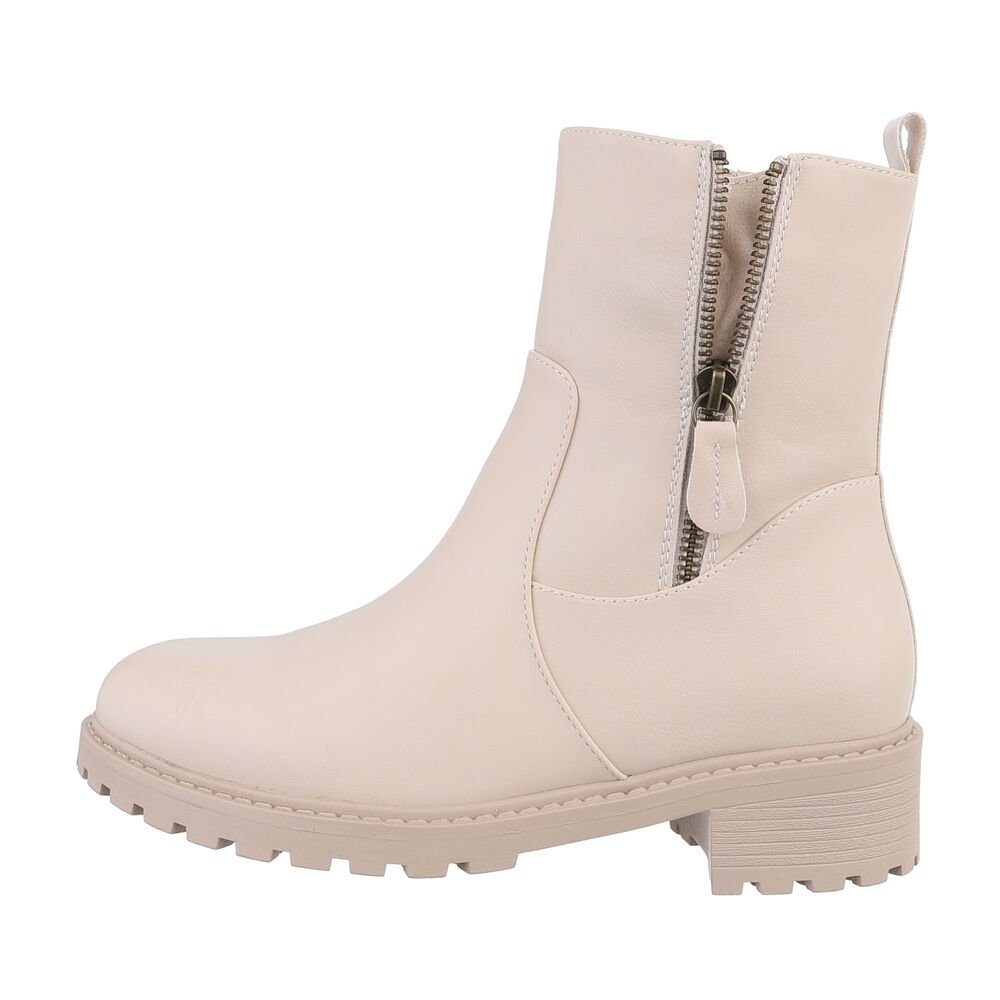 Ital-Design Damen Freizeit Stiefelette Blockabsatz Flache Stiefeletten in Beige