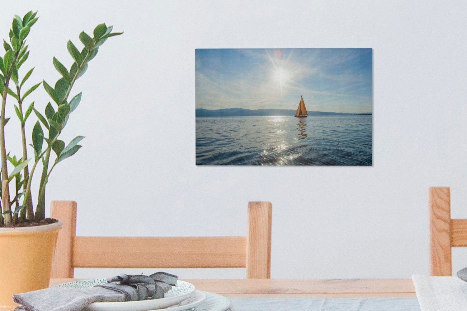 Leinwandbilder, über Segelboot einem Sonnenstrahlen Wandbild gelben OneMillionCanvasses® dem 30x20 See, (1 auf Wanddeko, St), Leinwandbild cm Aufhängefertig,