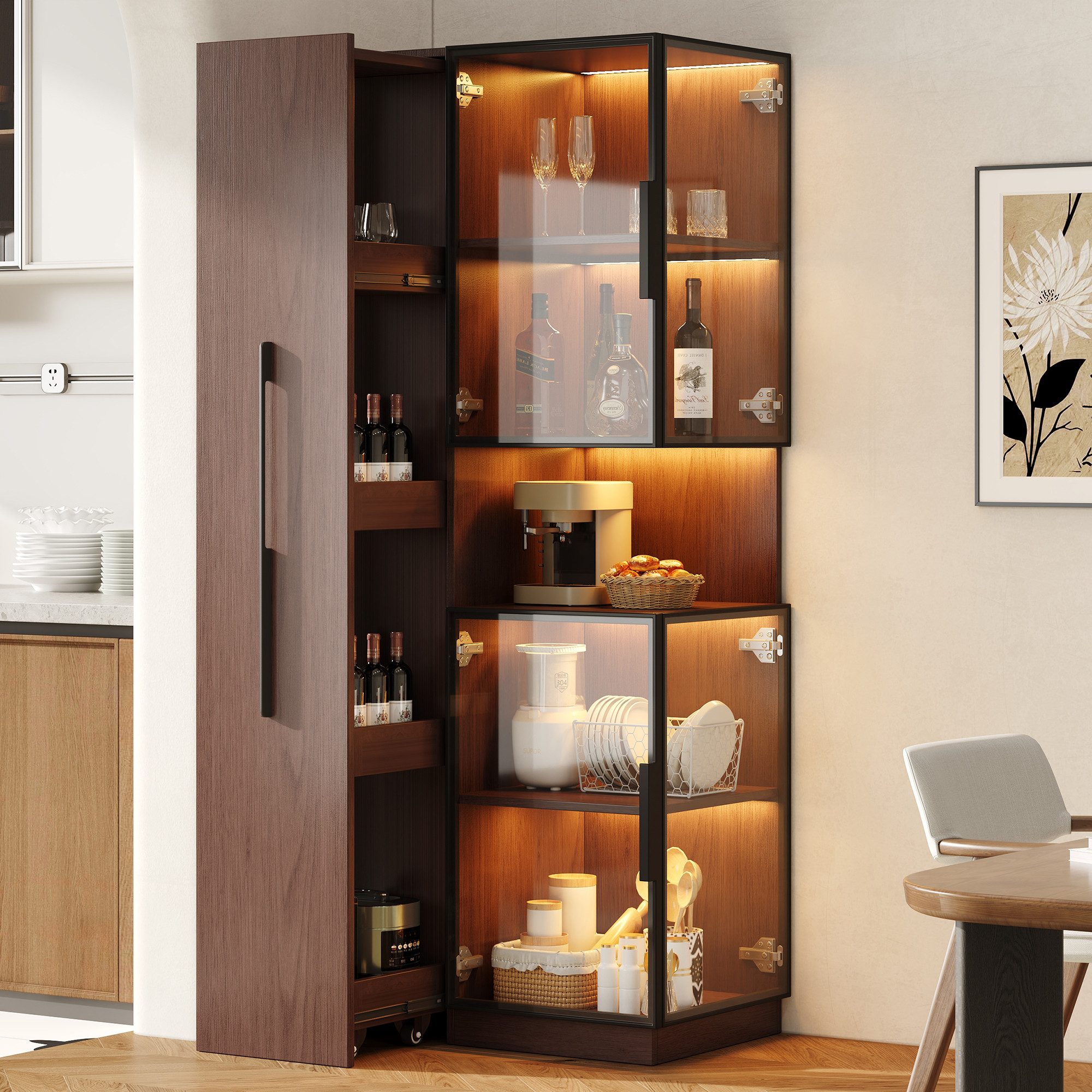 Flieks Glasvitrine Eckschrank Hochschrank mit LED-Beleuchtung, Ausziehregal, Glastüren (1-St., 70×38×160 cm) multifunktional Mehrzweckschrank Standvitrine Walnussholzfarbe