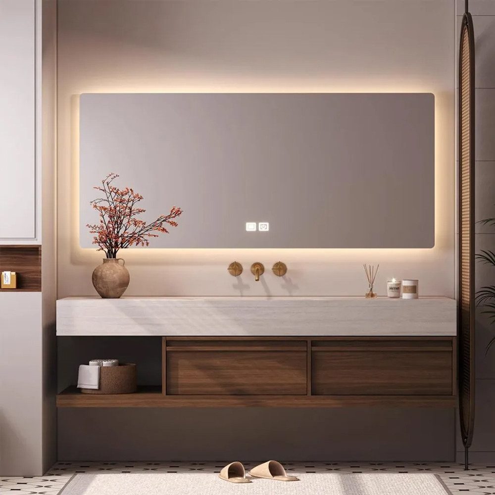Muxing Badmöbel-Set Waschtisch-Set in Travertinoptik mit Spiegel und Unterschrank, (Set)
