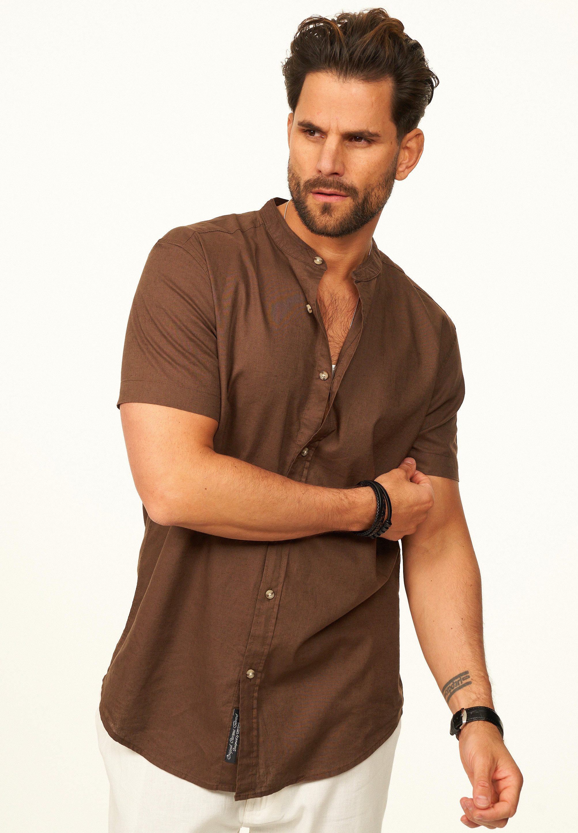 behype Kurzarmhemd als Sommerhemd aus Leinen im Regular-Fit Herren Leinenhemd Freizeithemd mit Stehkragen